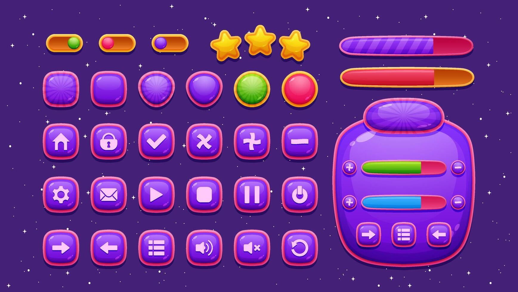 Colorful candy themed game interface featuring cartoon style menus, settings, and options. Perfect for 2D app designs, this set offers vibrant and engaging templates. vector