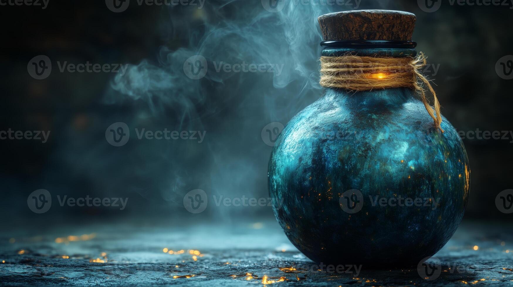 A bottle with a rope tied to it and smoke coming out of it photo