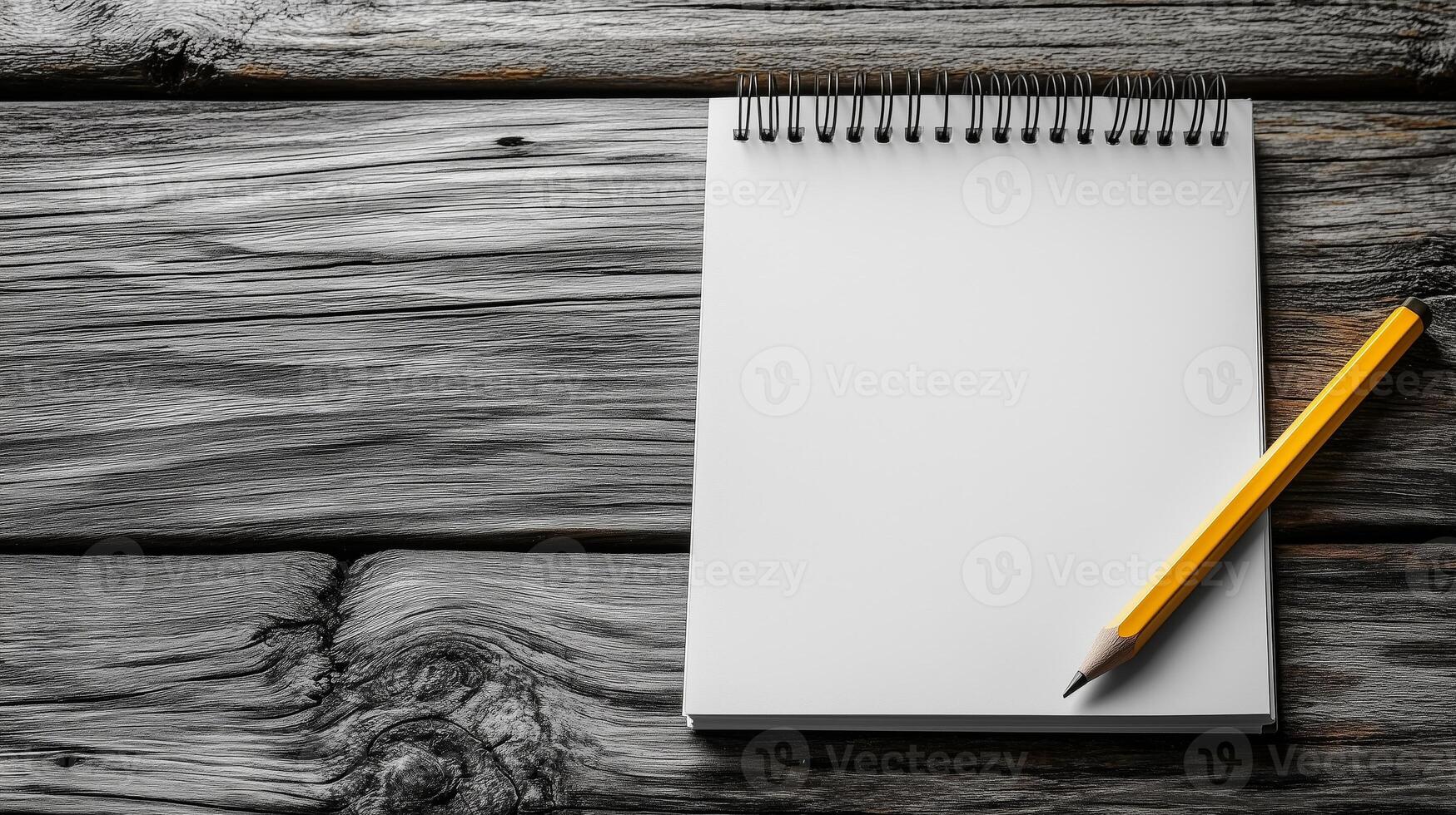A blank spiral-bound notepad with a yellow pencil photo