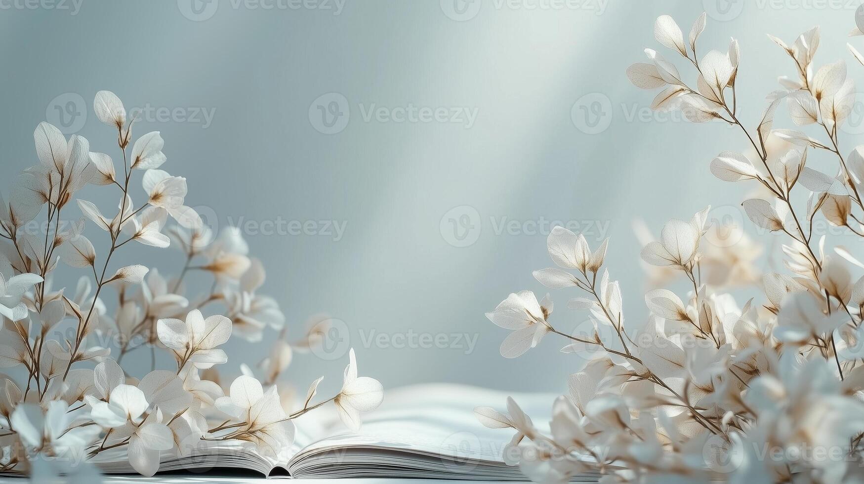 An open book with flowers on a table photo