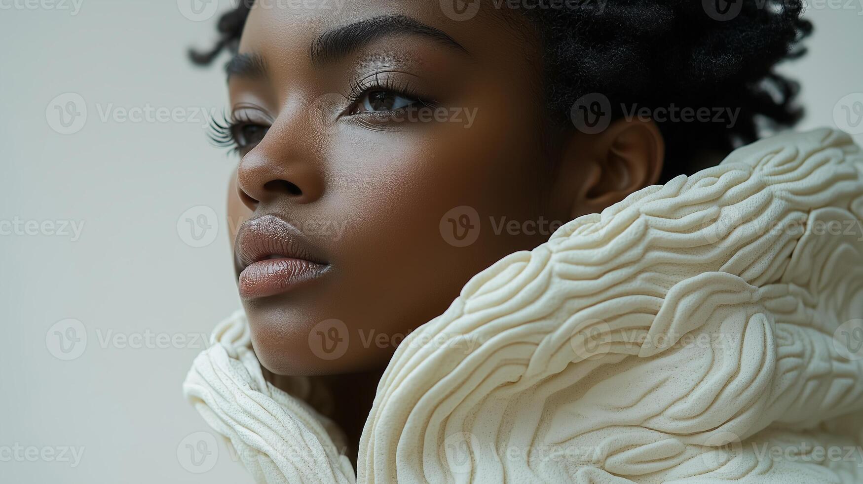 A woman with curly hair and a white jacket photo