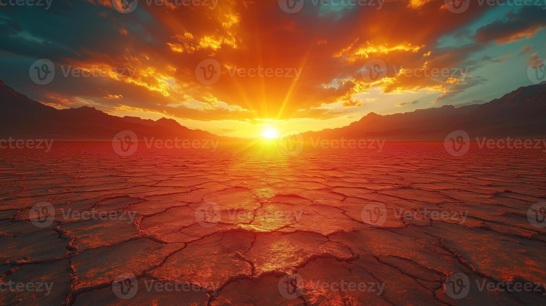 A desolate desert landscape with a sun setting in the background photo
