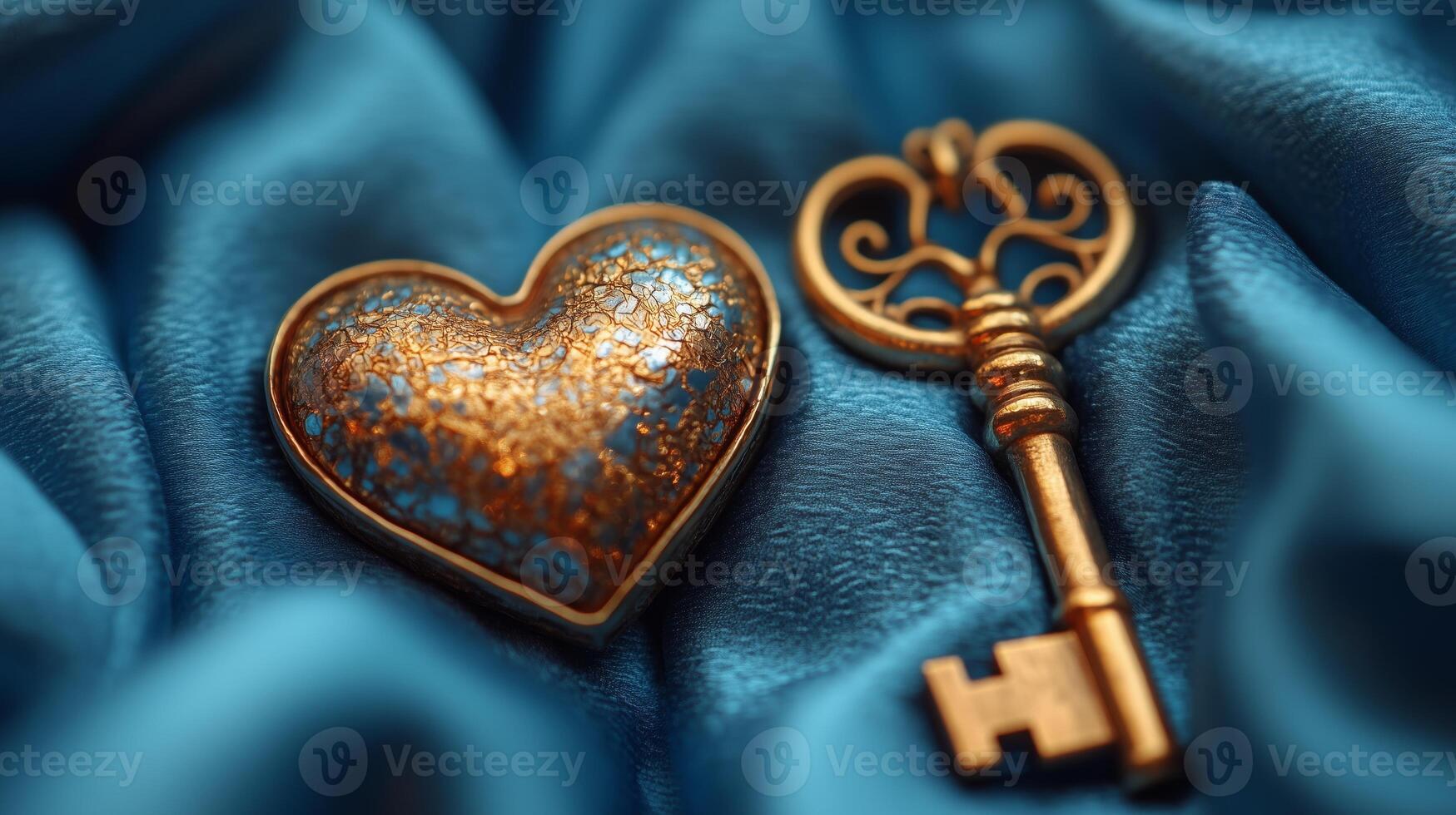 Golden key and heart on blue satin photo