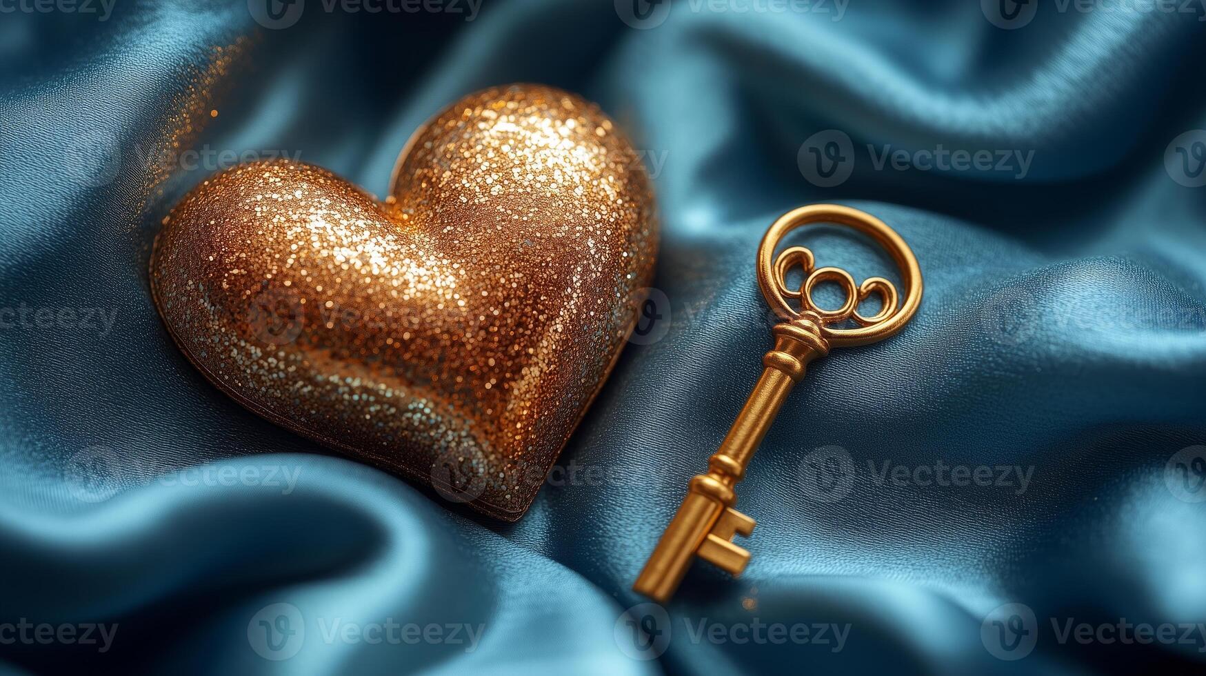 Golden heart and key on blue satin photo