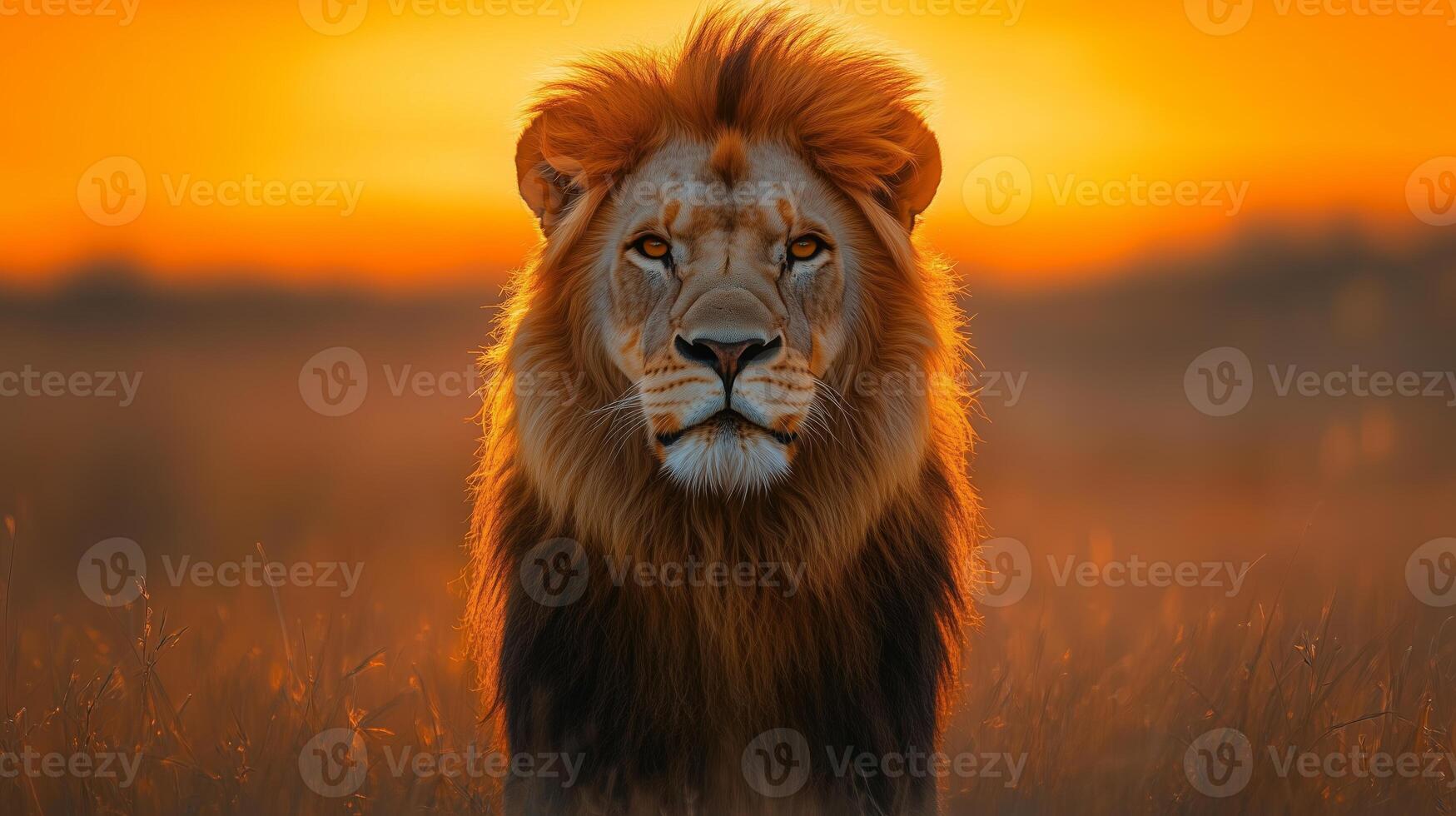 A lion is standing in the middle of a field at sunset photo