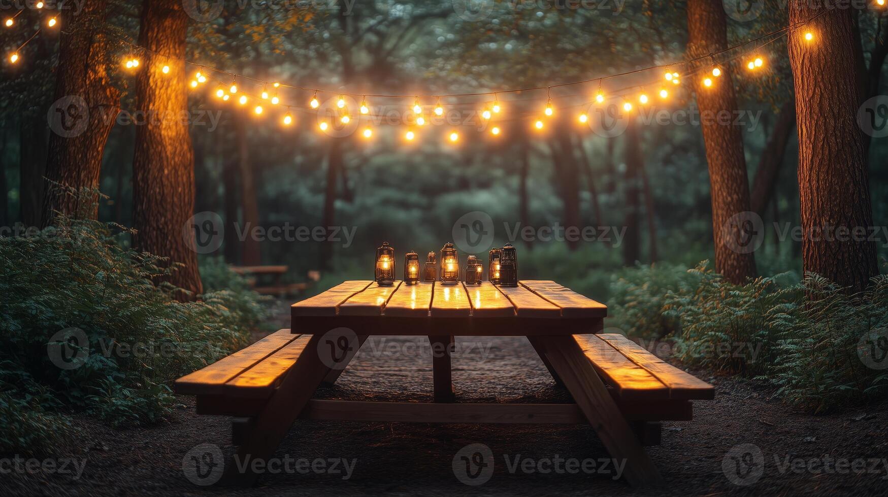 A picnic table in the woods with string lights photo