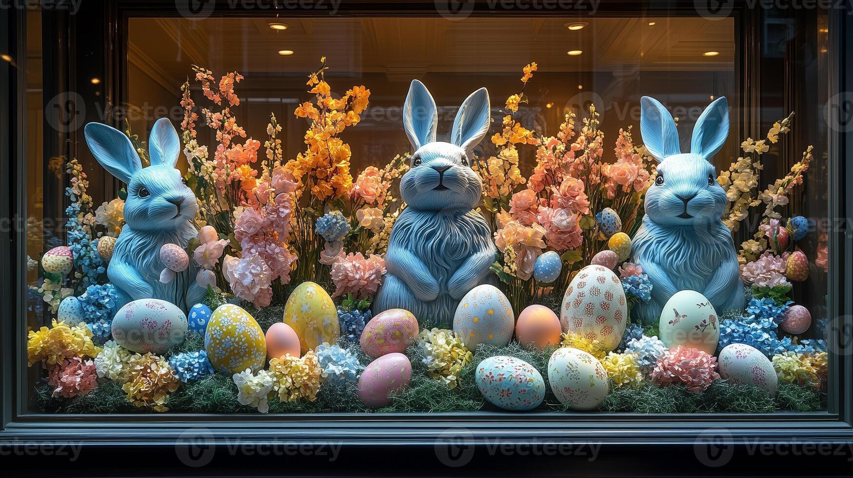 Bunnies in a window display with flowers and eggs photo