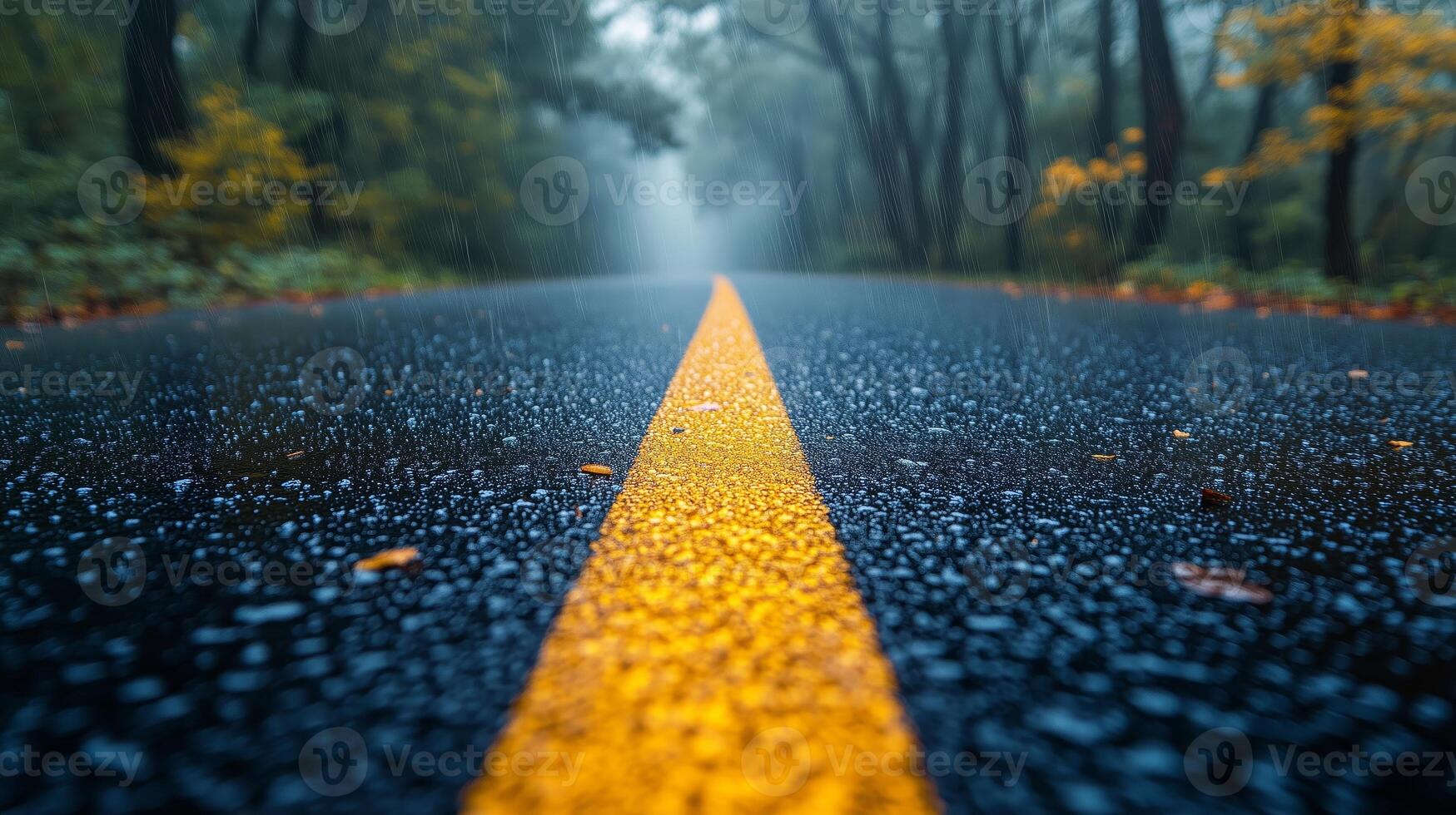 A wet road with yellow lines in the middle of the forest photo