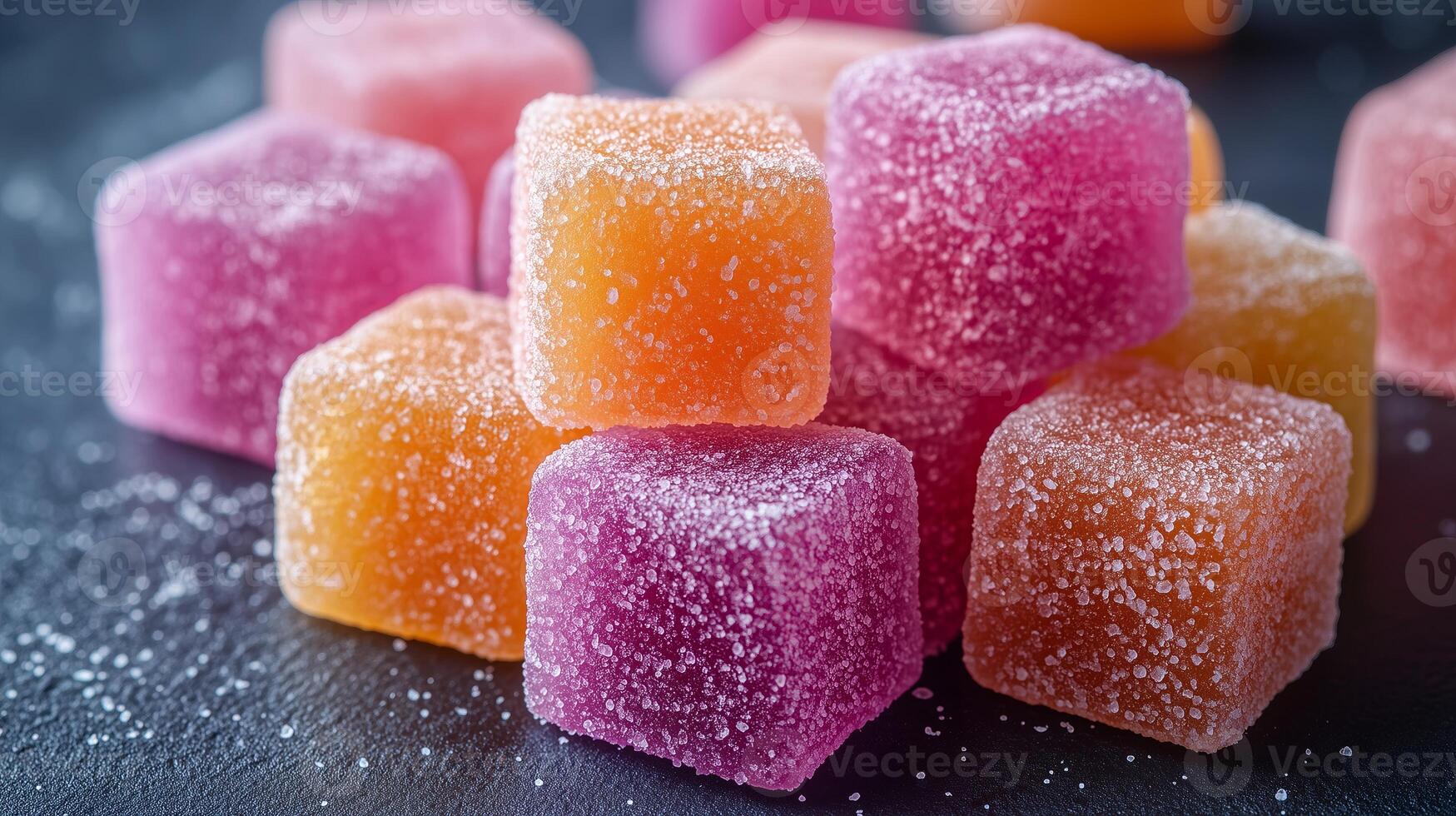 A pile of colorful sugar cubes on a dark surface photo