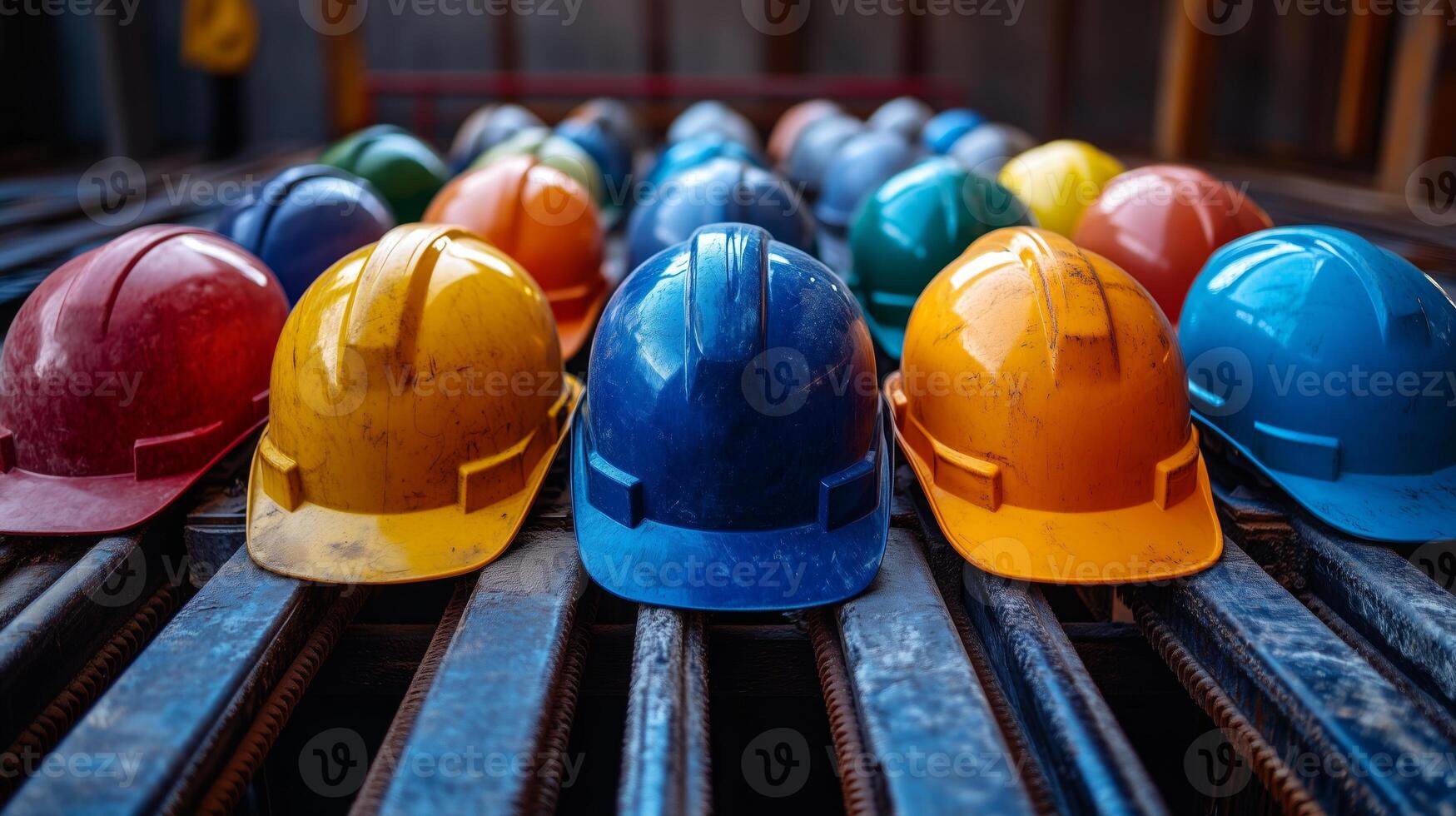 Many hard hats are lined up on a table photo