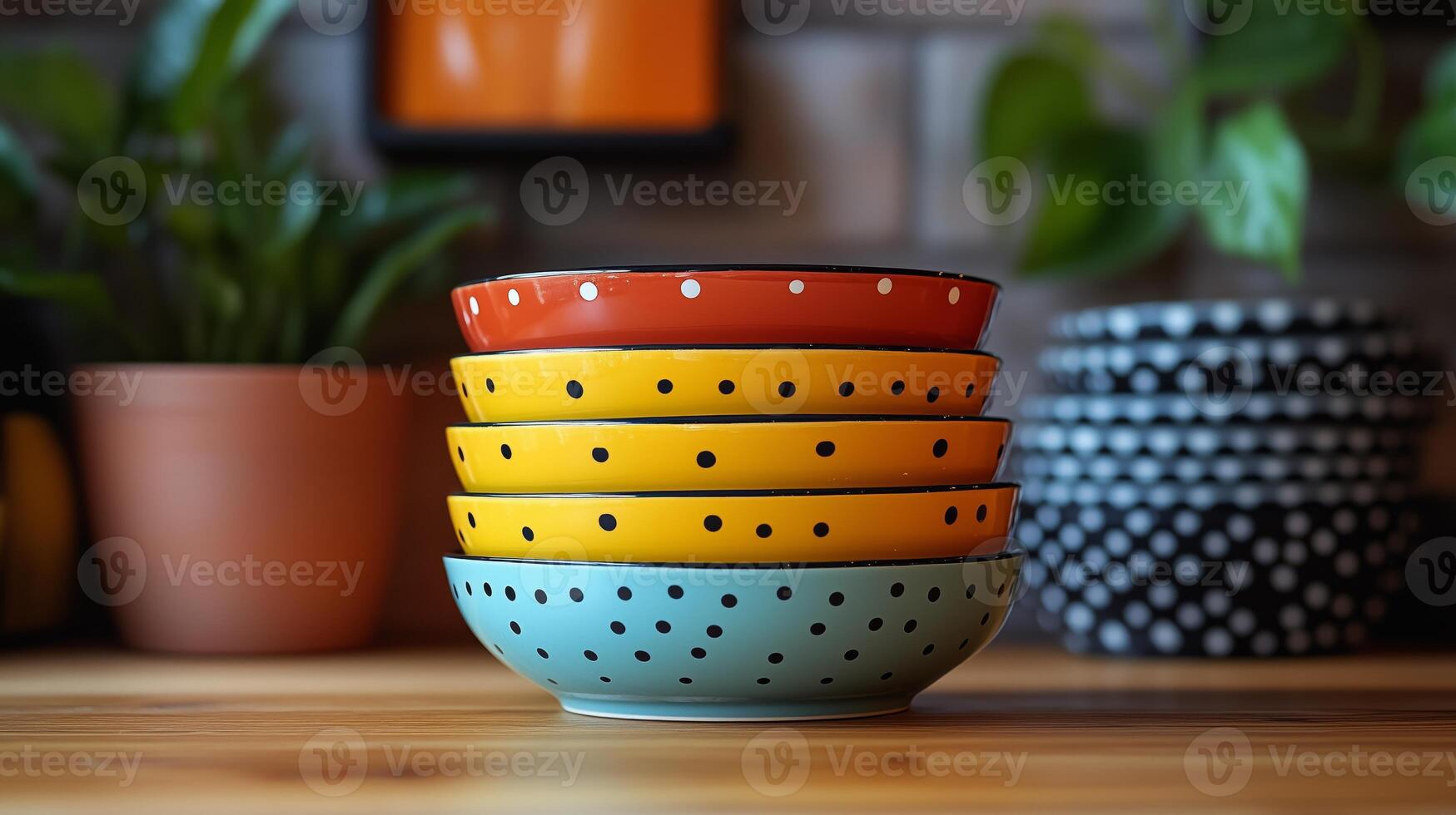 A stack of colorful bowls on a wooden table photo