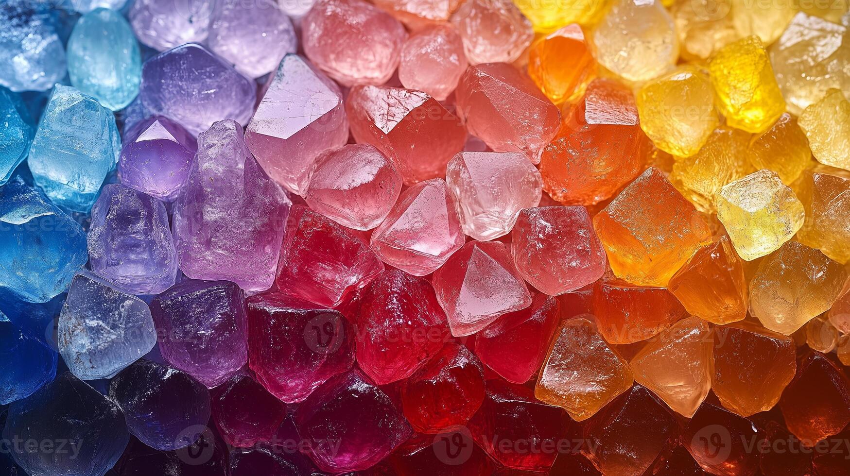A rainbow of colored crystals are arranged in a row photo