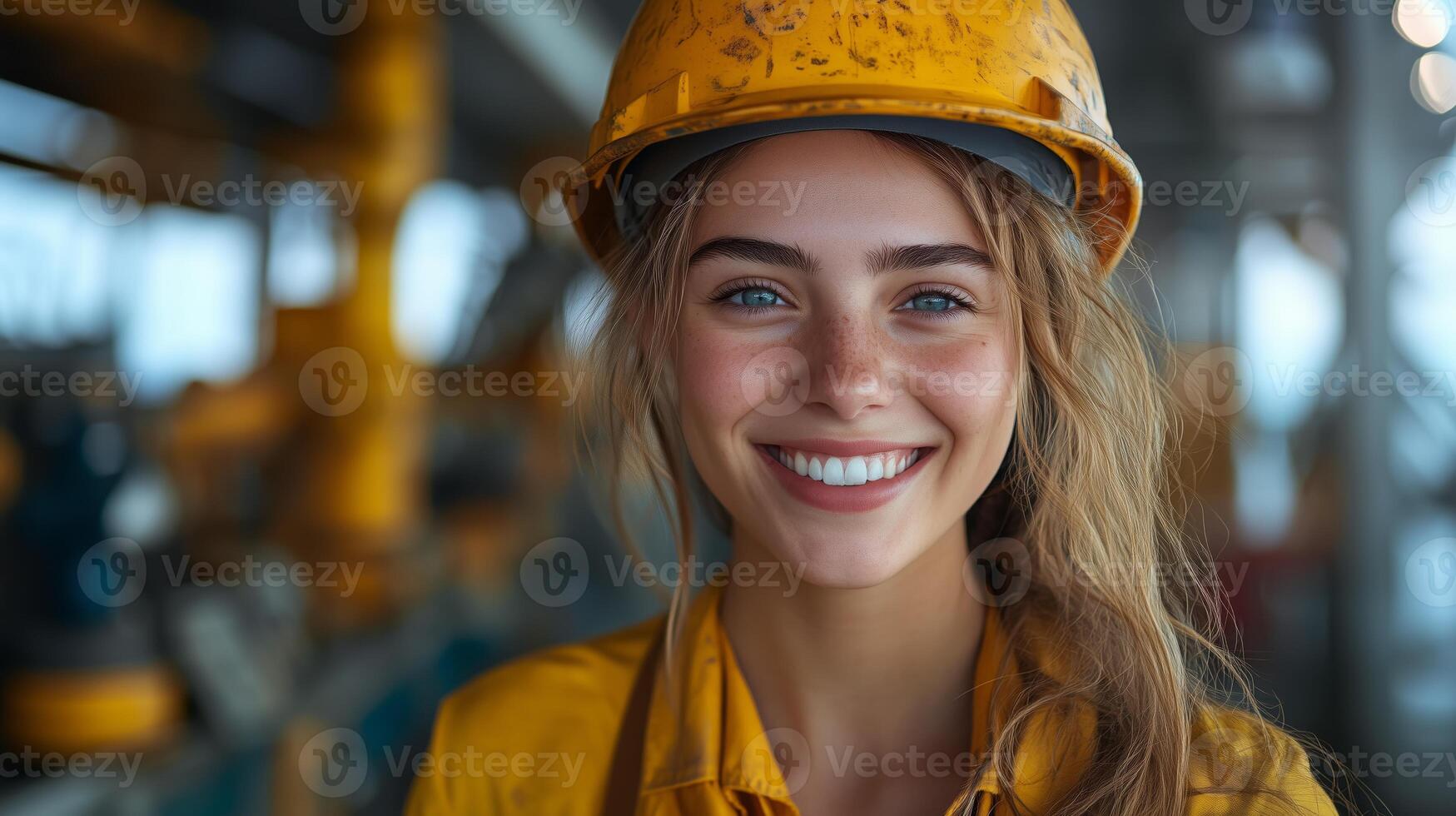 Portrait of a smiling young woman wearing a hard hat photo