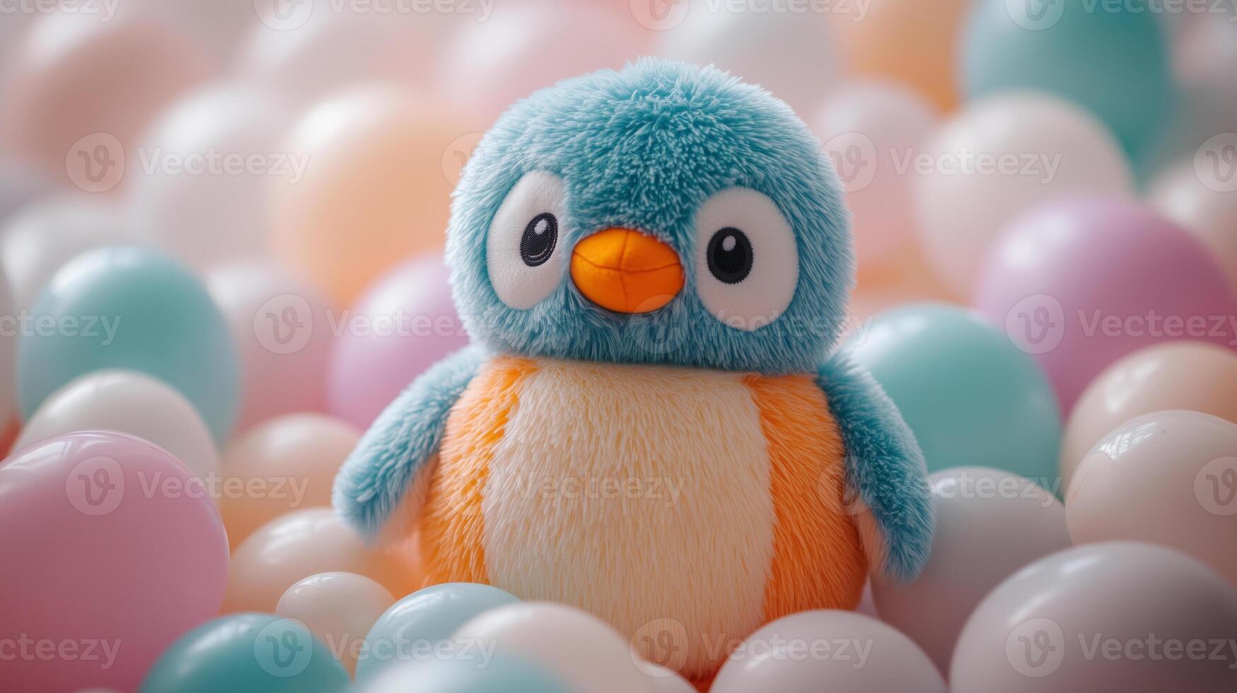 A stuffed penguin is surrounded by colorful eggs photo