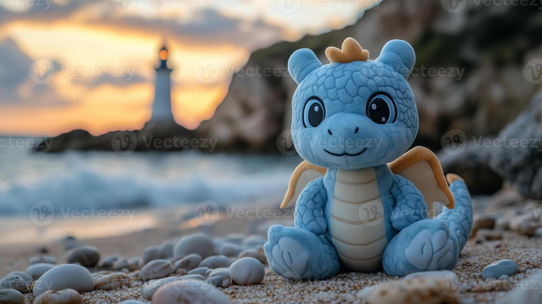 Dragon plush next to a lighthouse beach waves crashing nearby photo