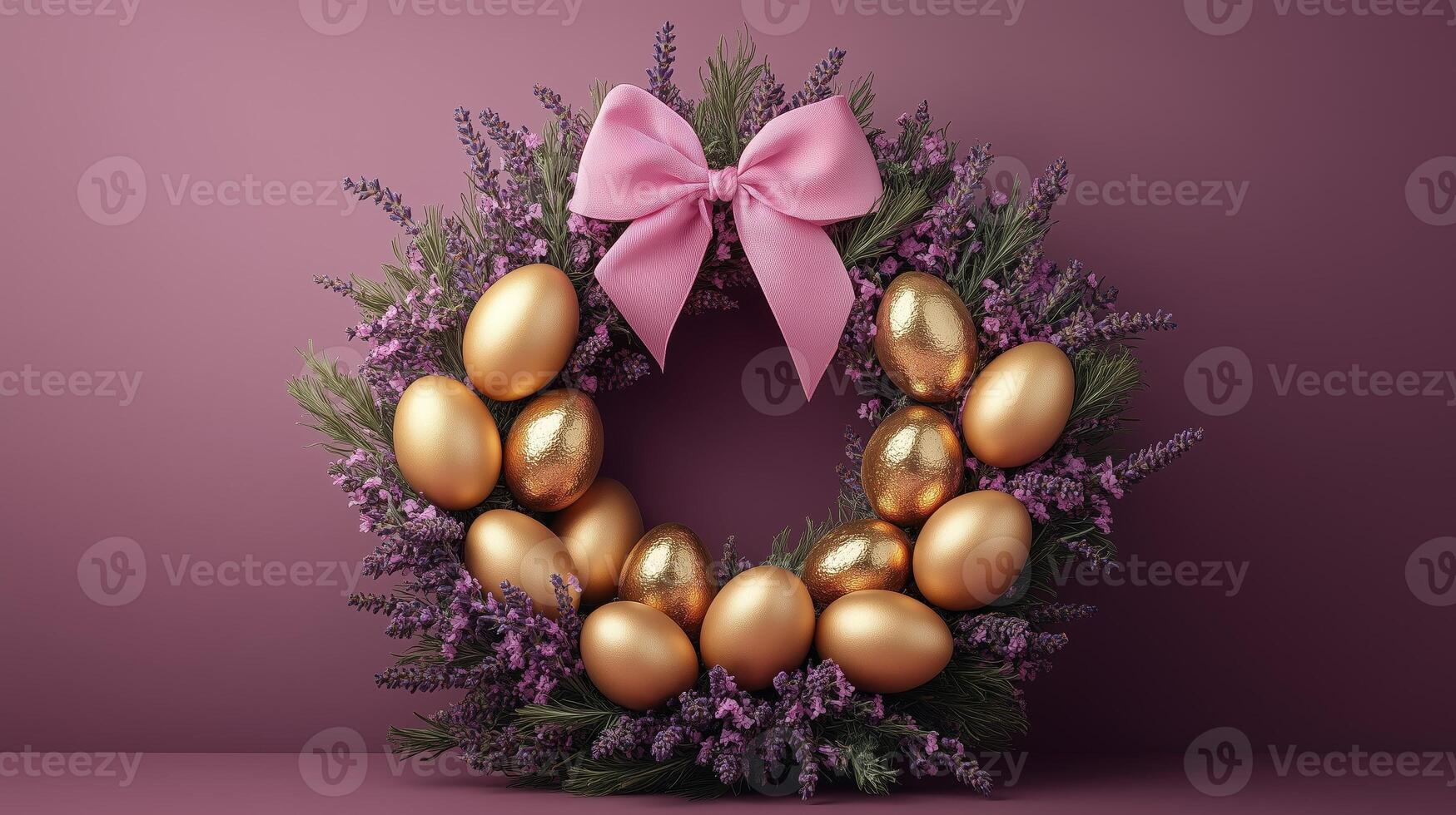 Golden easter eggs in a wreath on a purple background photo