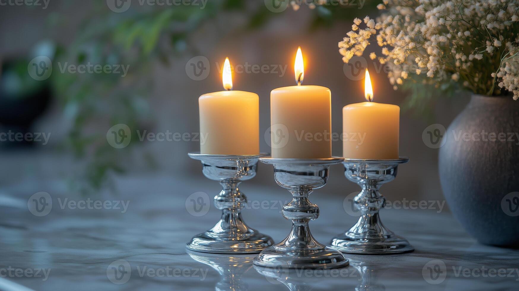 Three candles sit on a table next to a vase photo