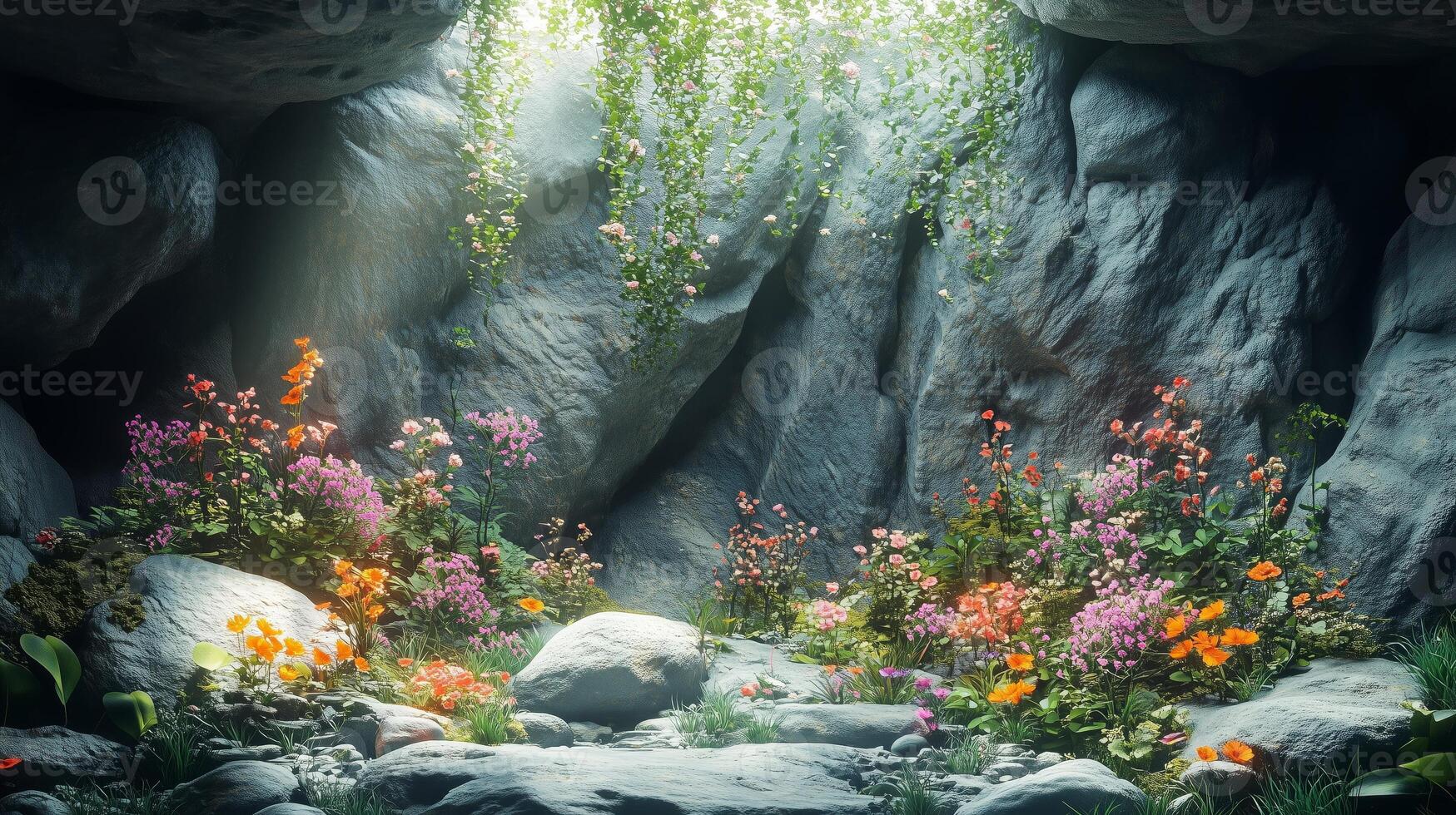 A cave with flowers and rocks photo