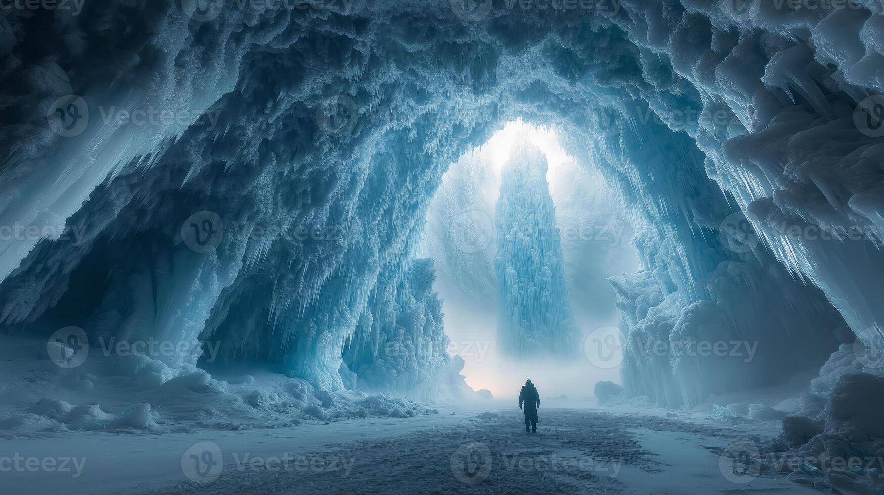 A person standing in front of an ice cave photo