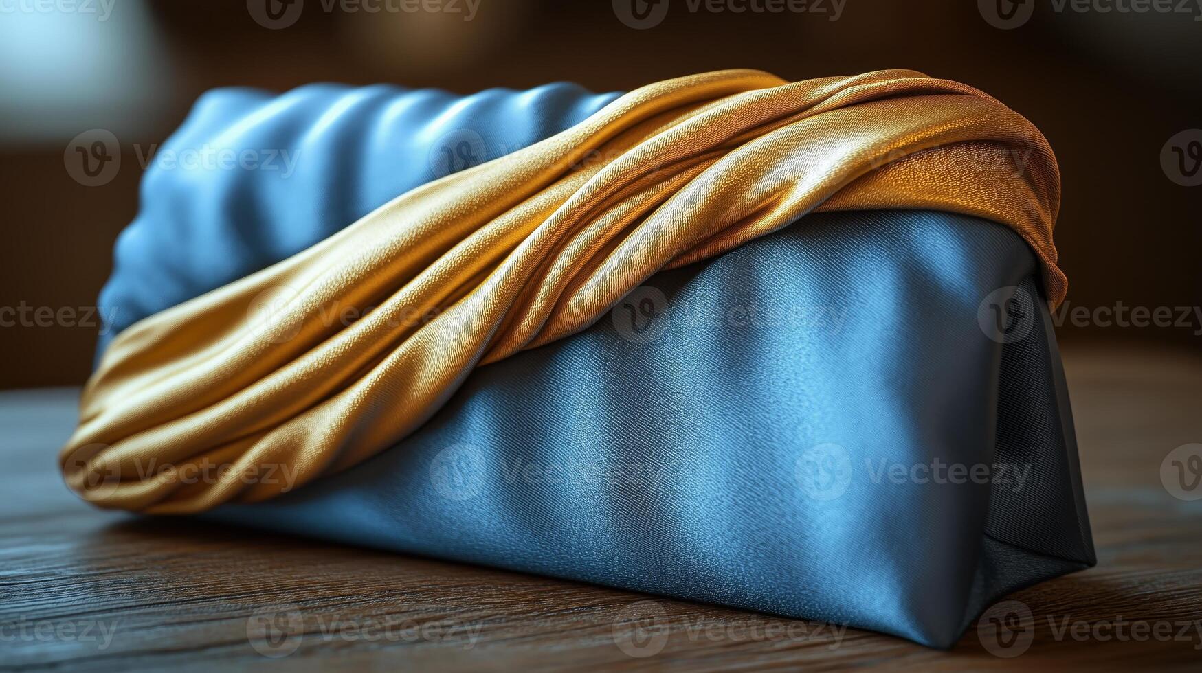 A blue and gold purse sitting on a wooden table photo