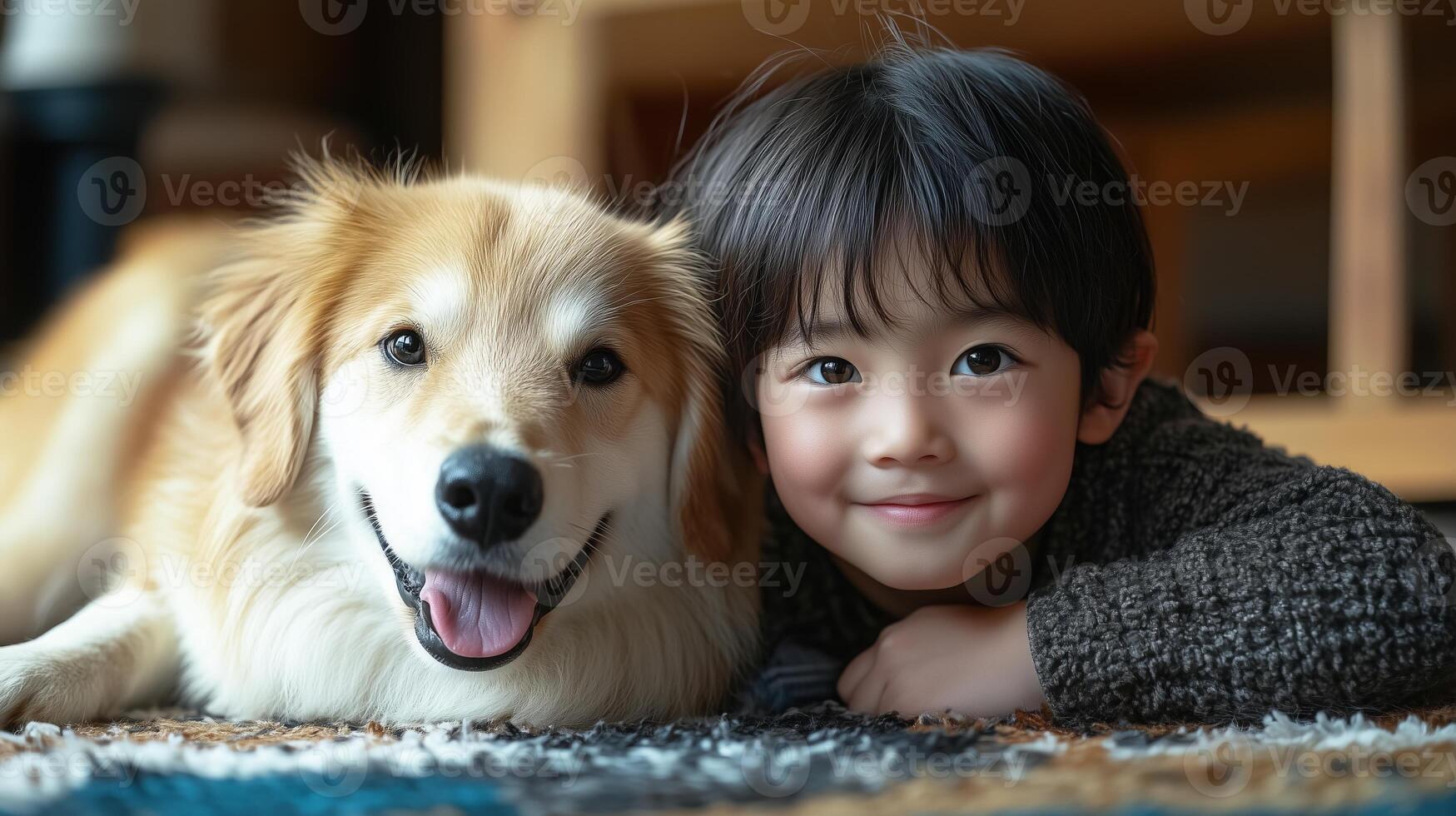 Happy asian kid with dog playing at home, Friendship and loyalty photo