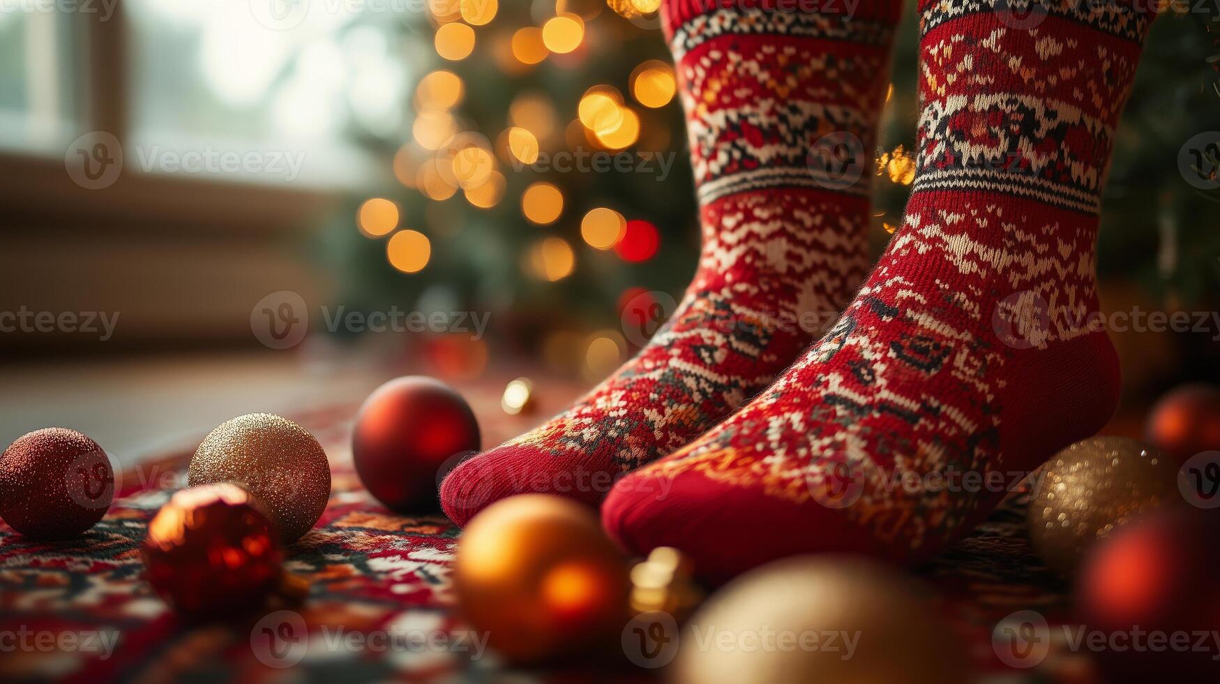 A person wearing red socks standing in front of christmas decorations photo