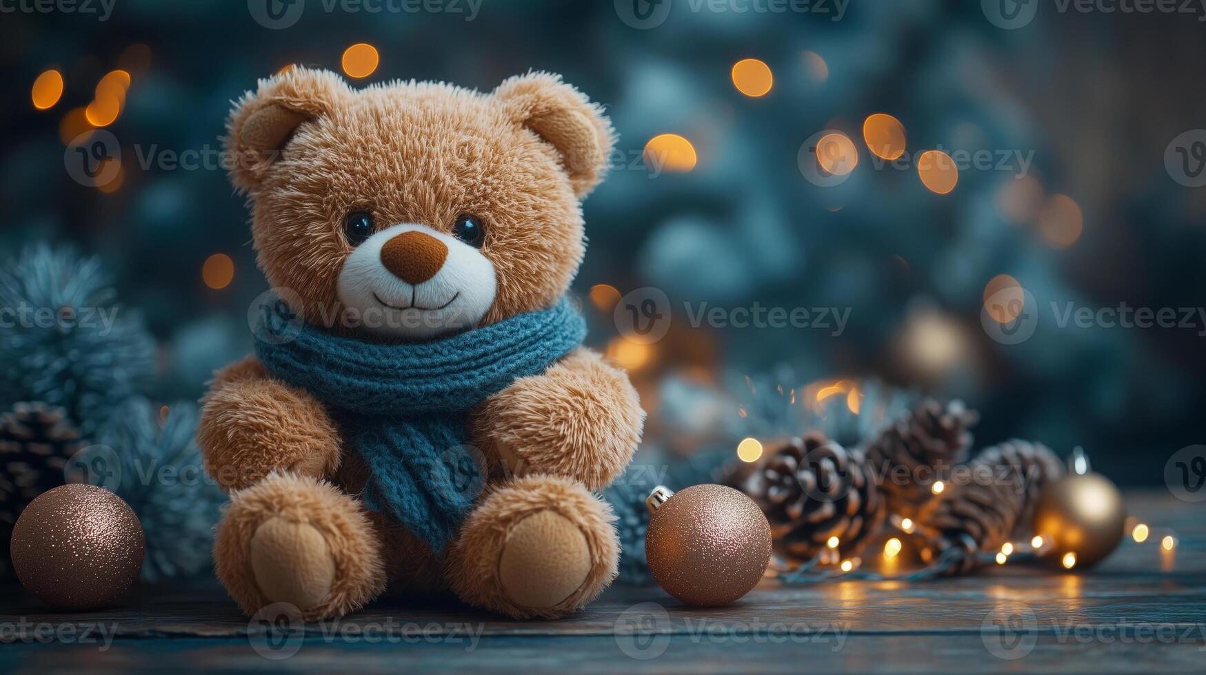 A teddy bear wearing a scarf and blue scarf sits on a wooden table with christmas decorations photo