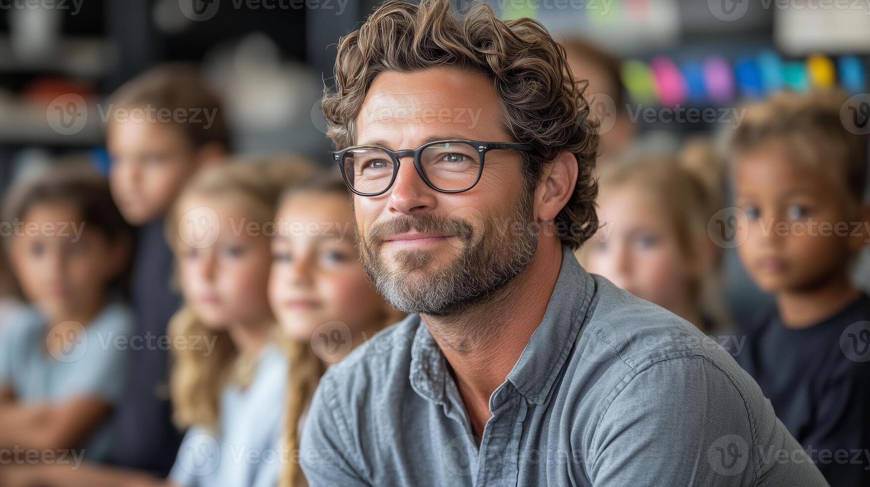 A man with glasses and a beard is sitting in front of a classroom photo