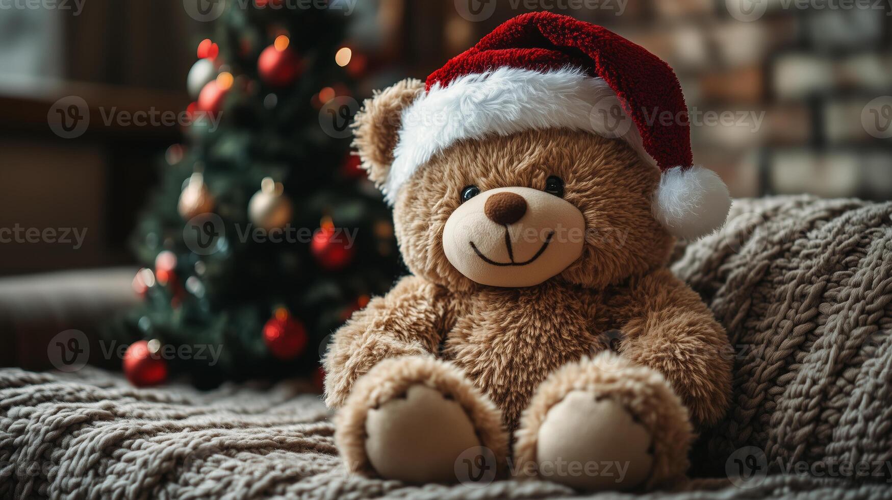 A teddy bear wearing a santa hat sits on a couch photo
