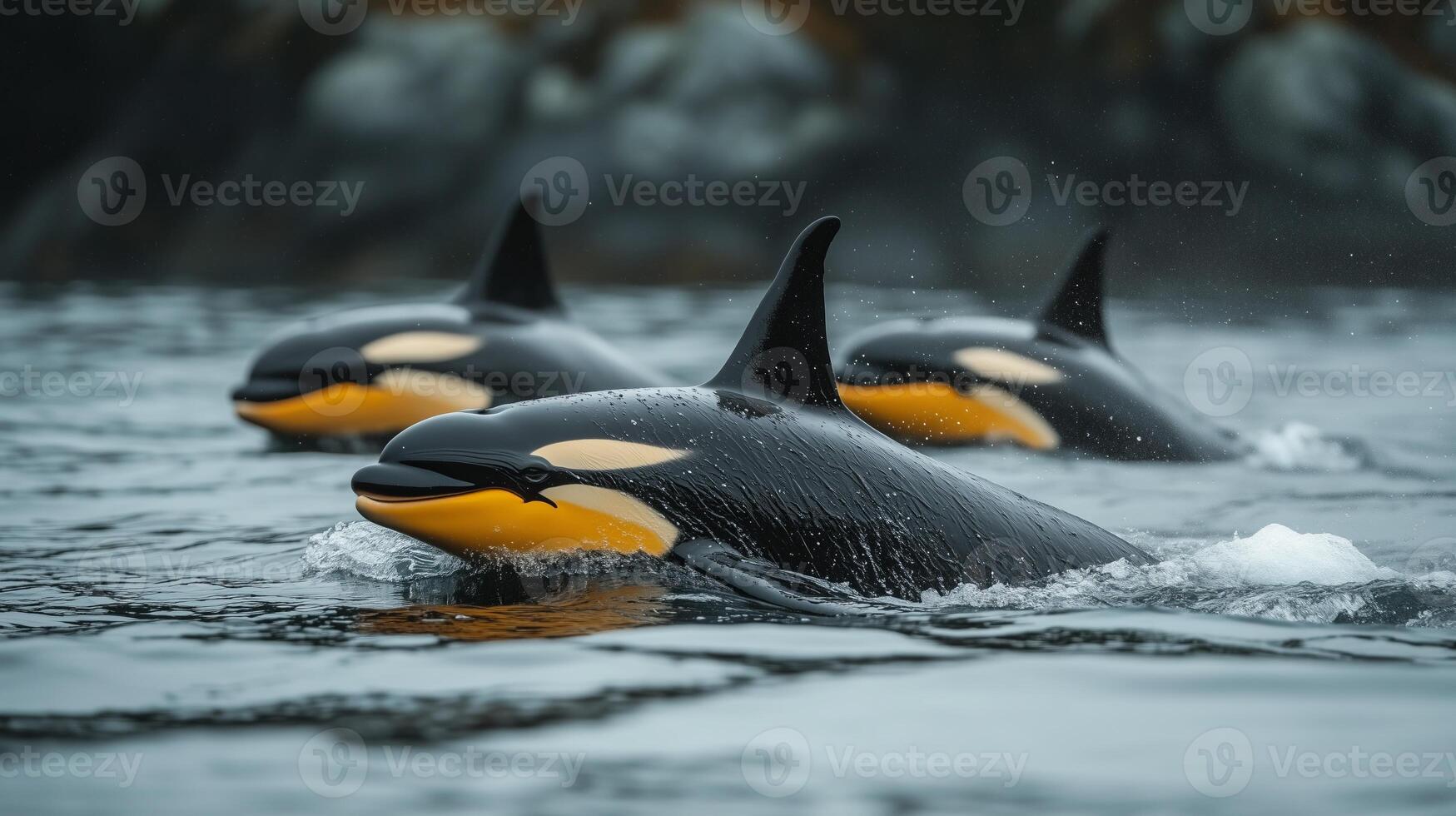 Three killer whales swim in the ocean photo
