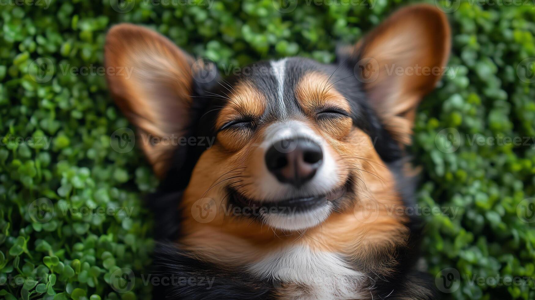 A dog is smiling while laying on a green grass photo