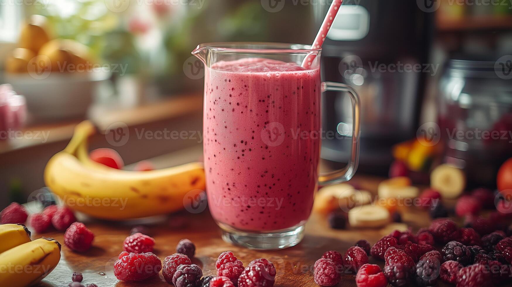 A smoothie with berries and bananas on a table photo