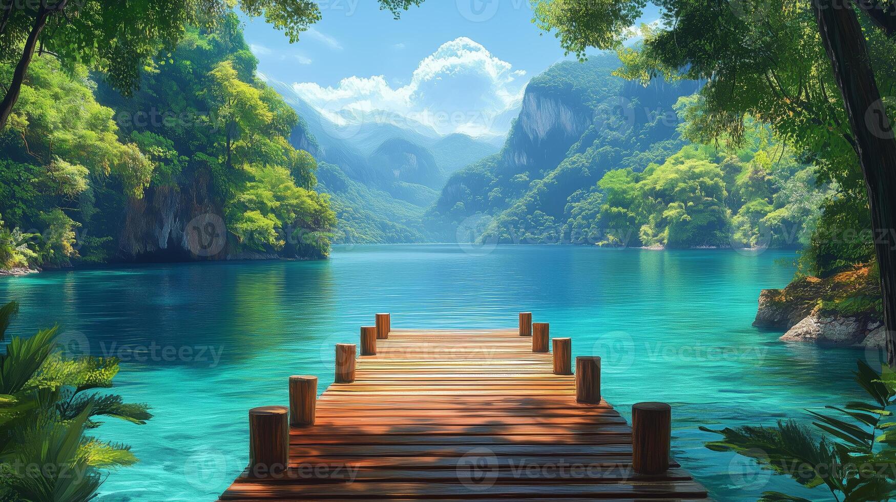 Wooden dock leading to tranquil lagoon in lush tropical paradise. photo