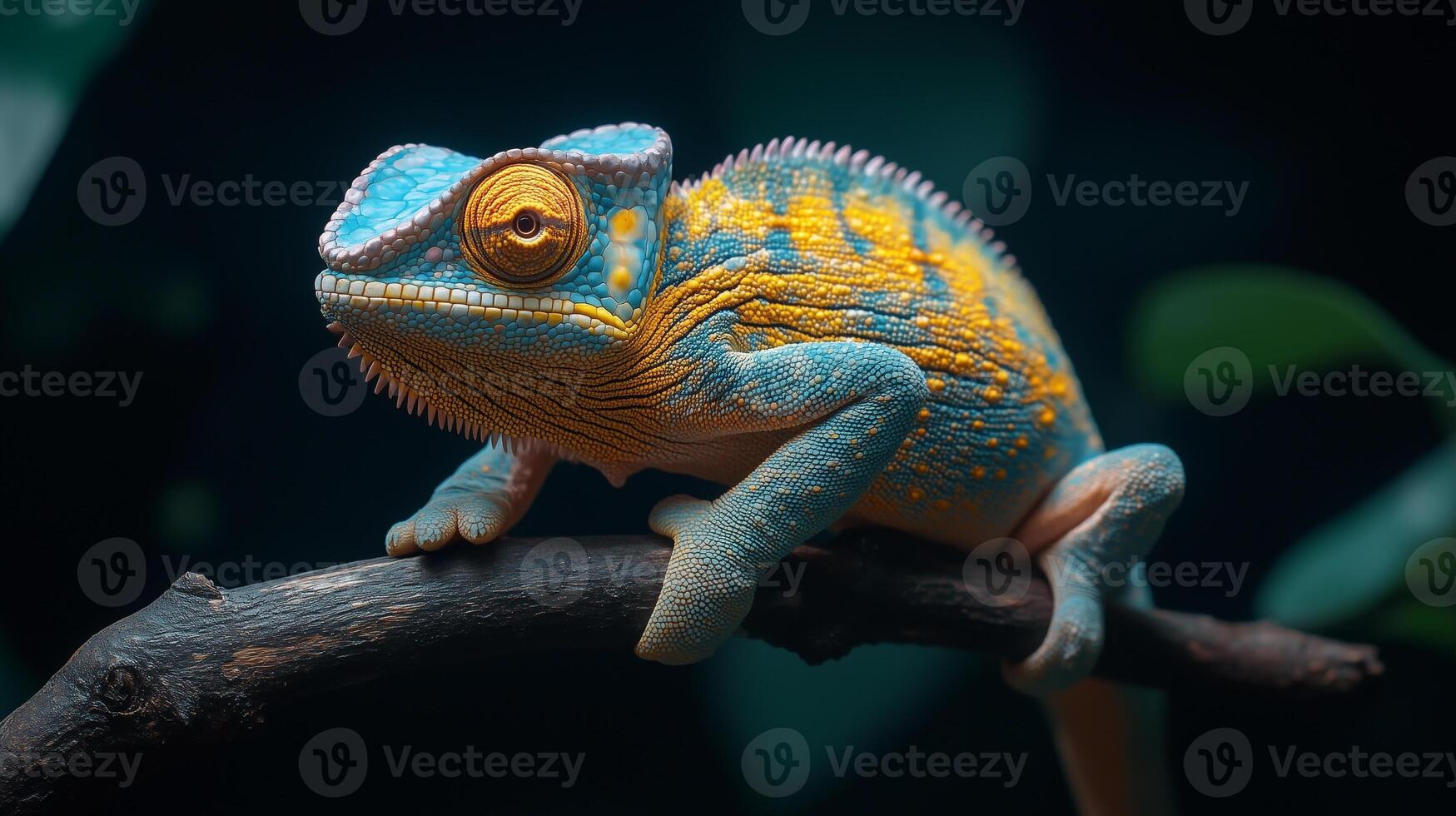 A chameleon is sitting on a branch photo