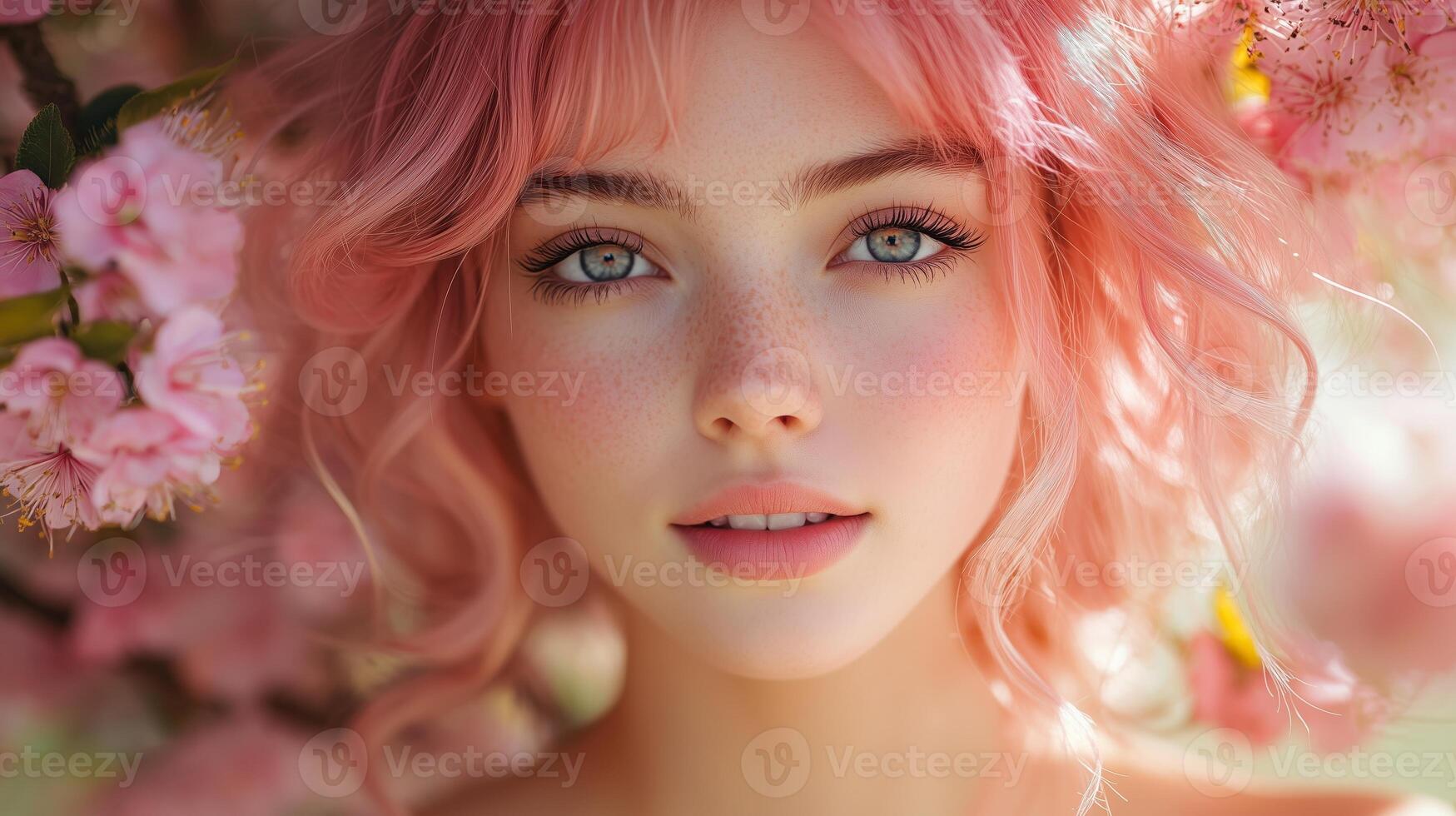 A beautiful woman with pink hair and blue eyes photo