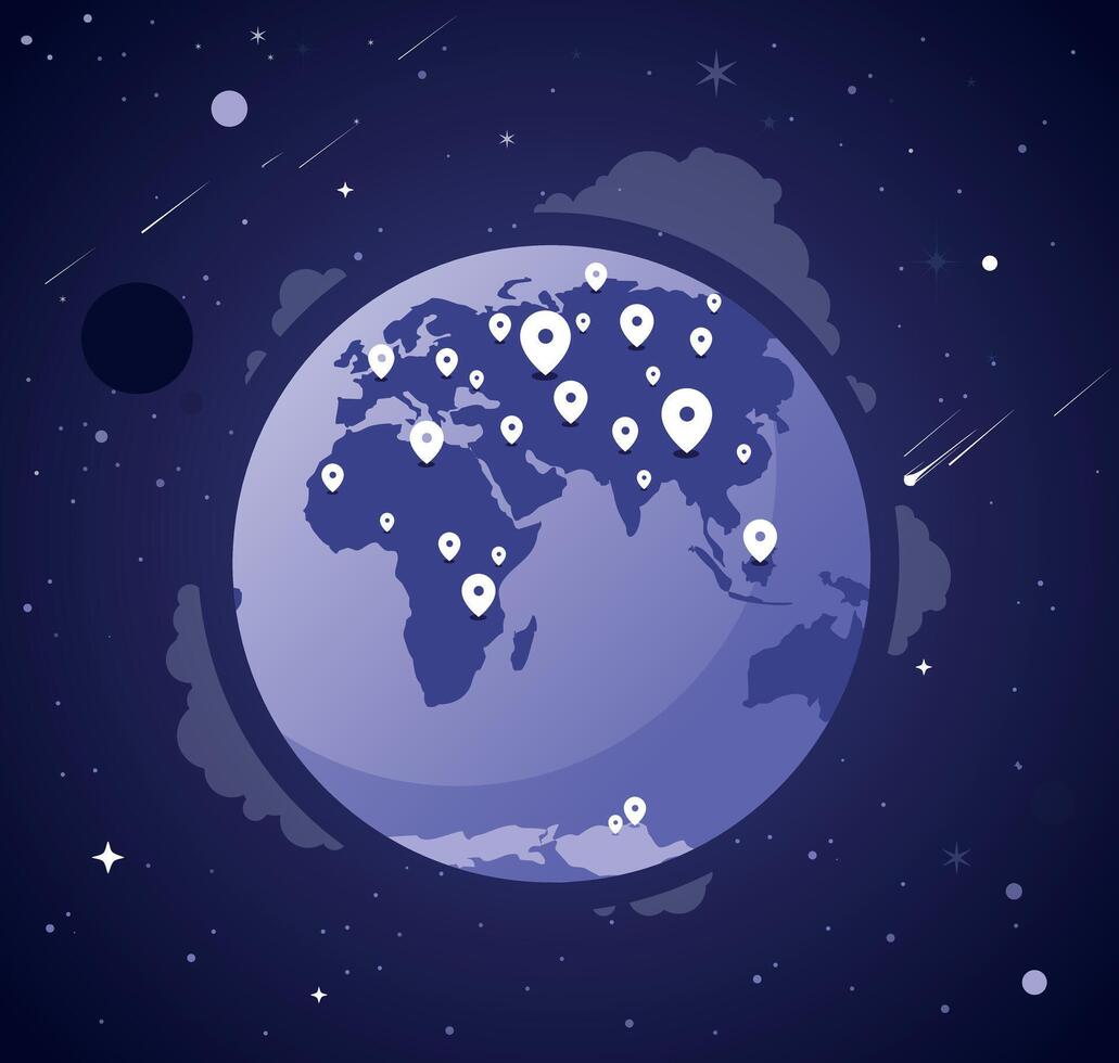 Global Digital Map. World Network with Location Pins in Dark Blue vector