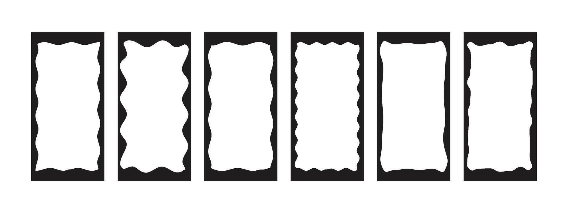 Set of photo or mirror frames with lace wavy edge. Design elements for collage, label, stamp. Scallop, zigzag wavy edges. black illustration isolated on white background. Retro style template. vector