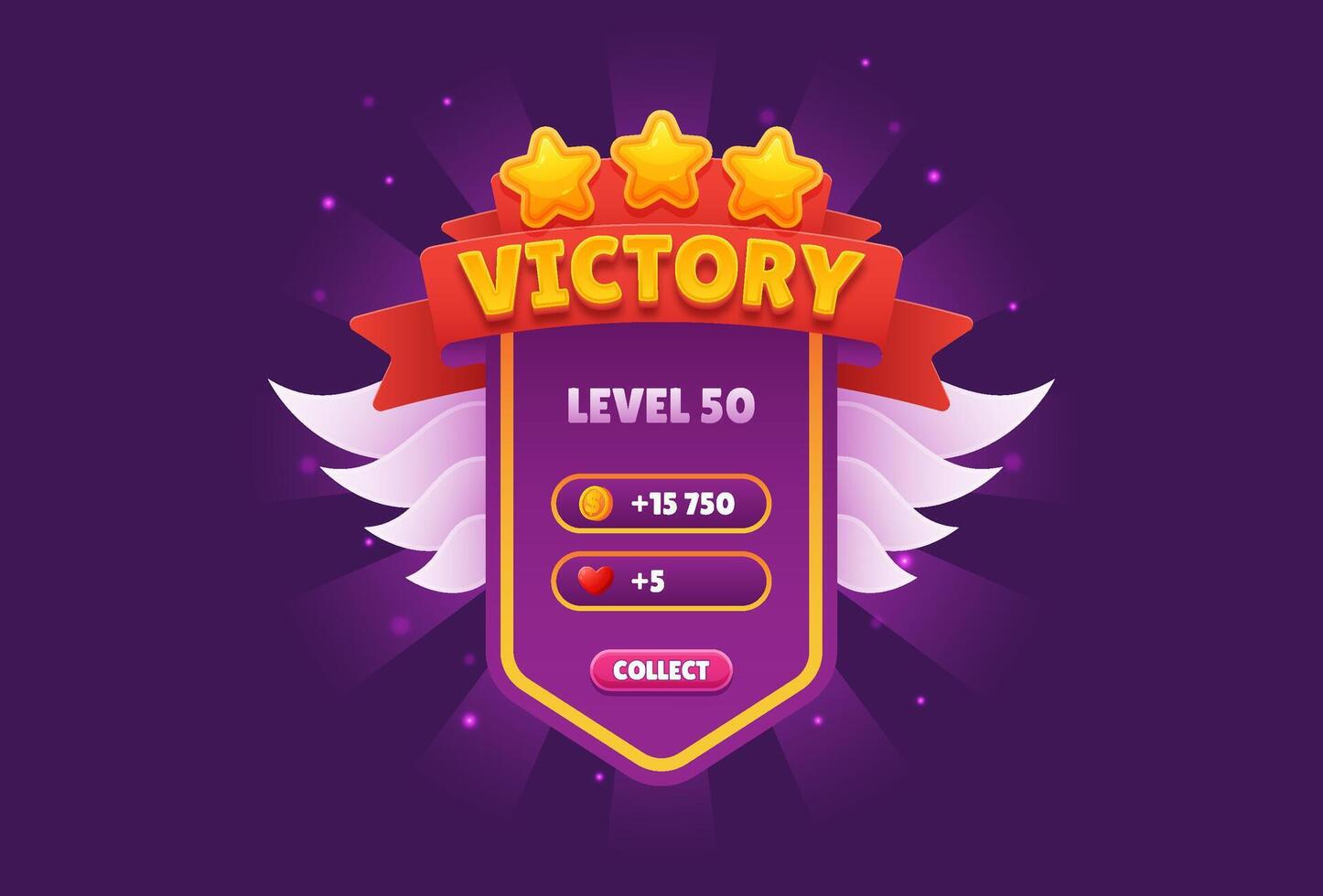 Game UI Level Win Popup. Victory Badge with Trophy Design. Tournament or Competition Interface Featuring Gold Coins on a Vibrant Purple Background. vector