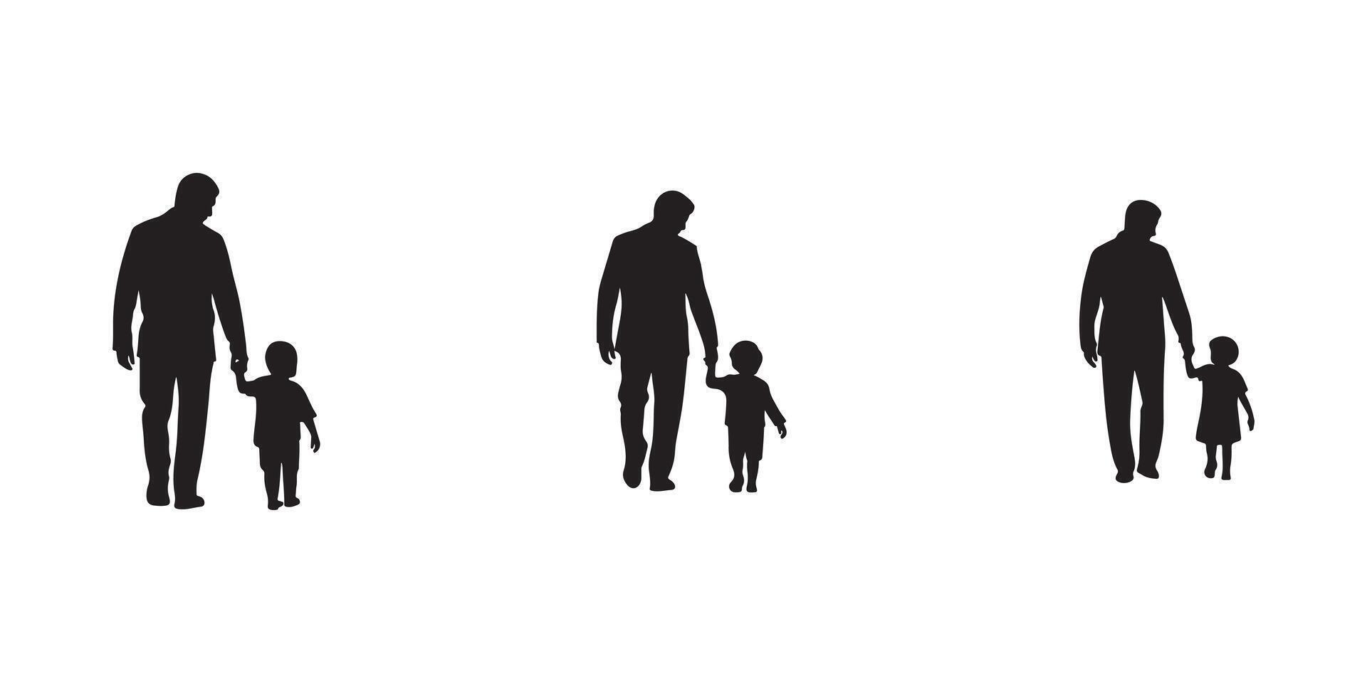 Father and child walking, hand in hand, silhouette. vector