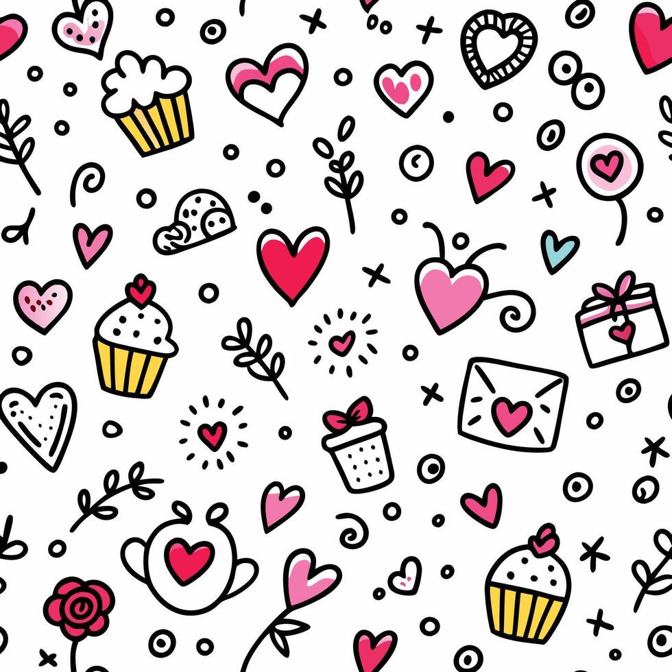 seamless valentine's day pattern with cupcakes, hearts and other items vector