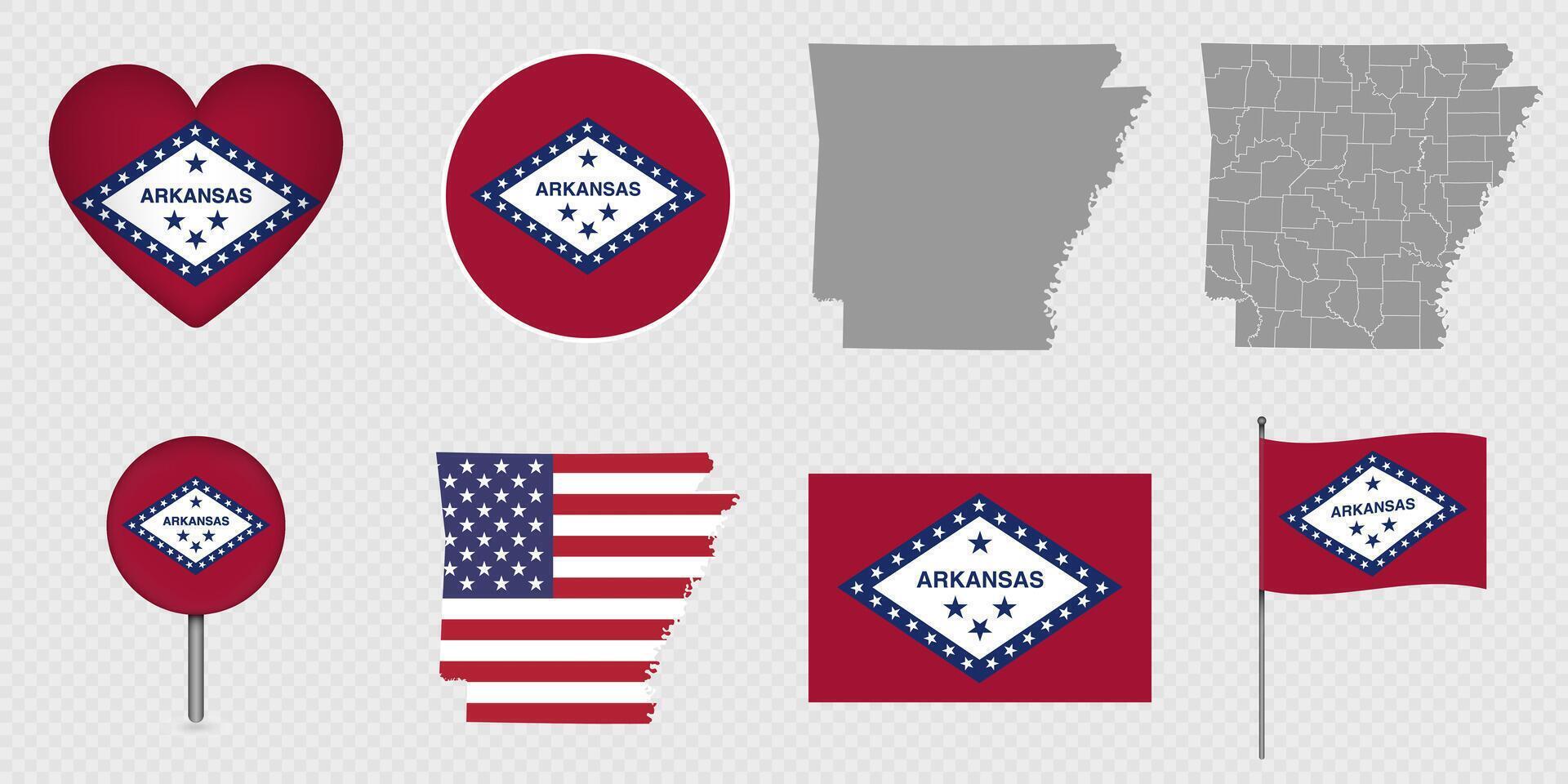 Arkansas State Flag and Maps Icon Pack. vector