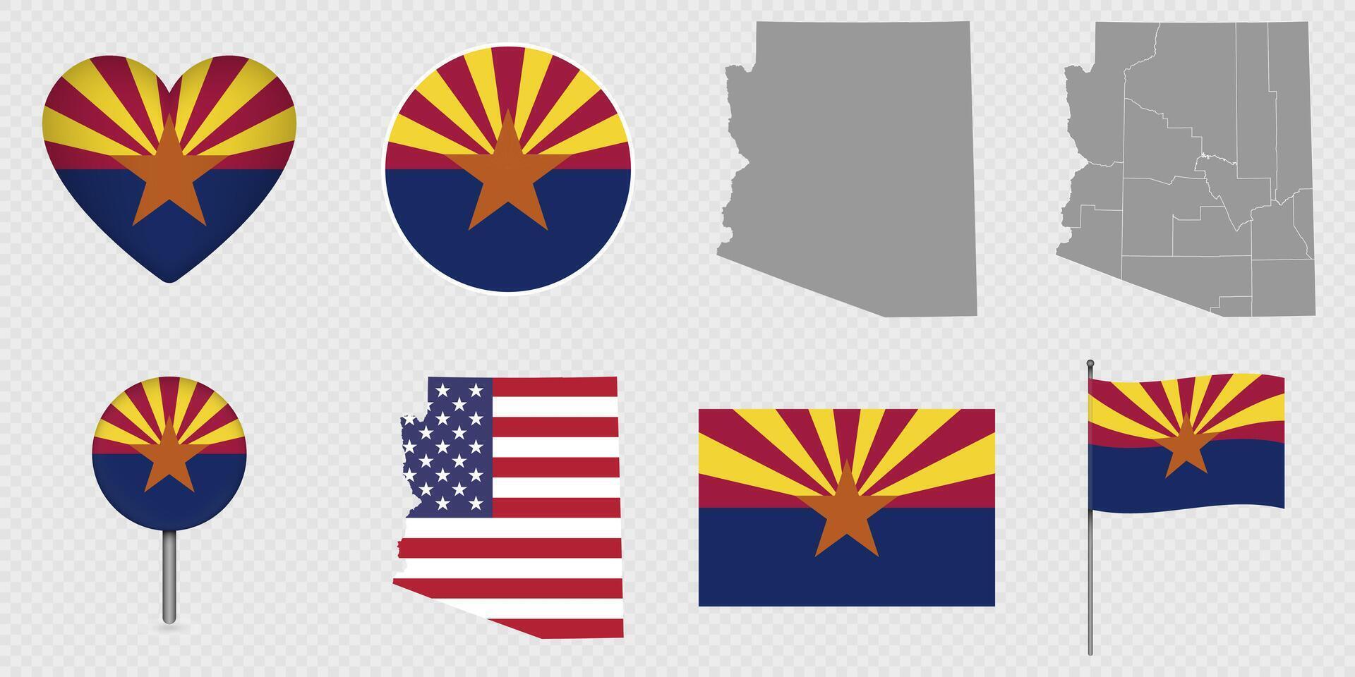 Arizona State Flags and Maps Icon Pack. vector