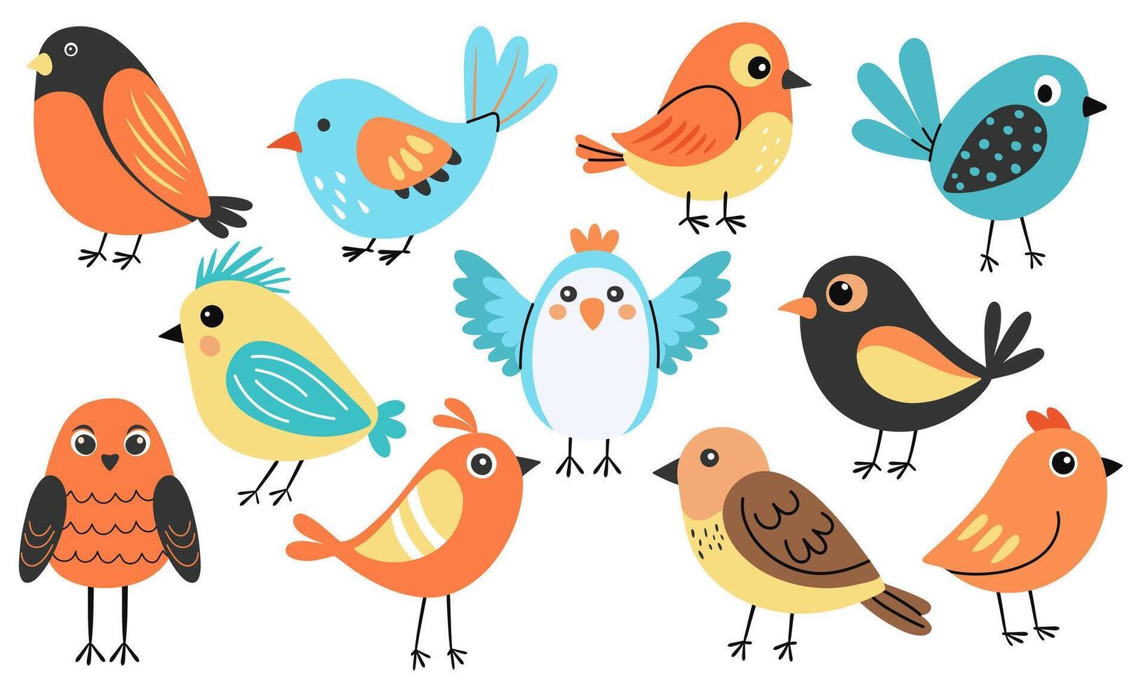 Hand drawn collection of colorful spring birds in a bright, funny and childish style. Vibrant and cheerful illustration, perfect for seasonal designs, nature themes, and decorative elements. vector