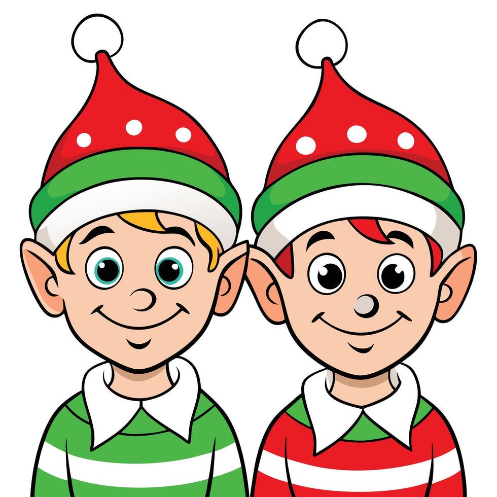 Two adorable Christmas elves with green and red outfits smiling happily vector