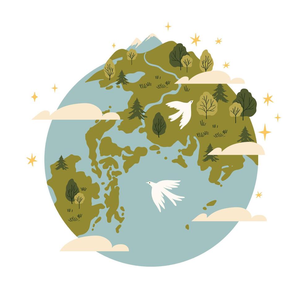 Abstract Earth globe with green continents and celestial oceans. Icon of world or planet drawn in doodle style. Colored flat illustration isolated on white background. Earth day. vector