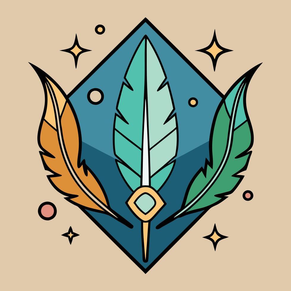 Three Colorful Feathers in a Diamond Shape with Stars and Dots Design Element vector