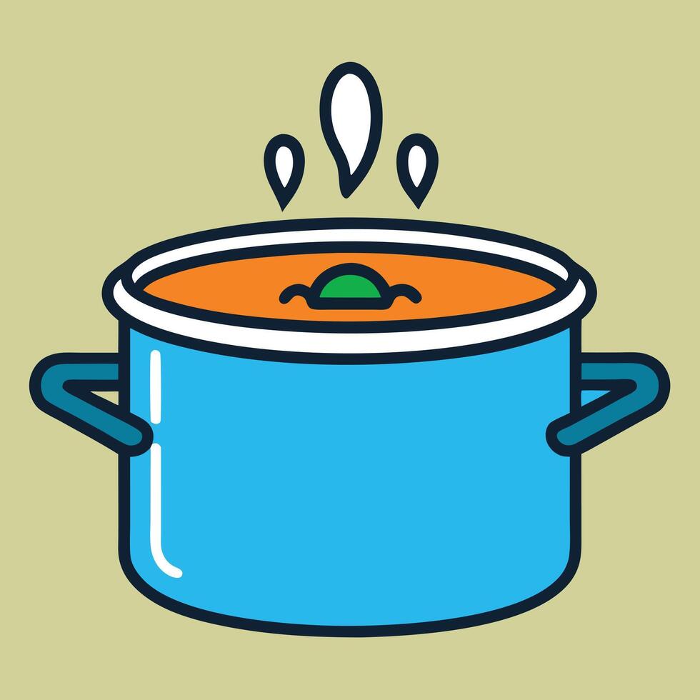 A vibrant blue pot of steaming hot soup with a single green vegetable vector