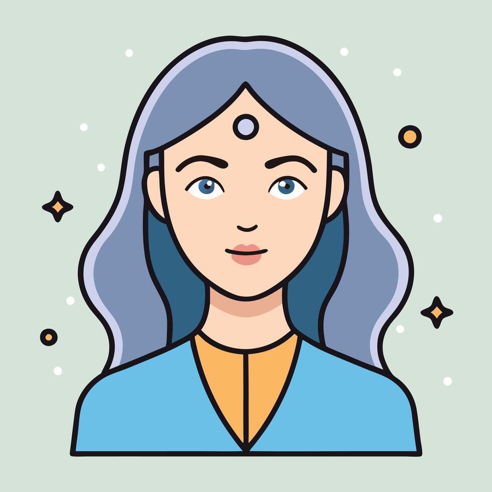 A serene illustration of a woman with long wavy blue hair and a third eye vector