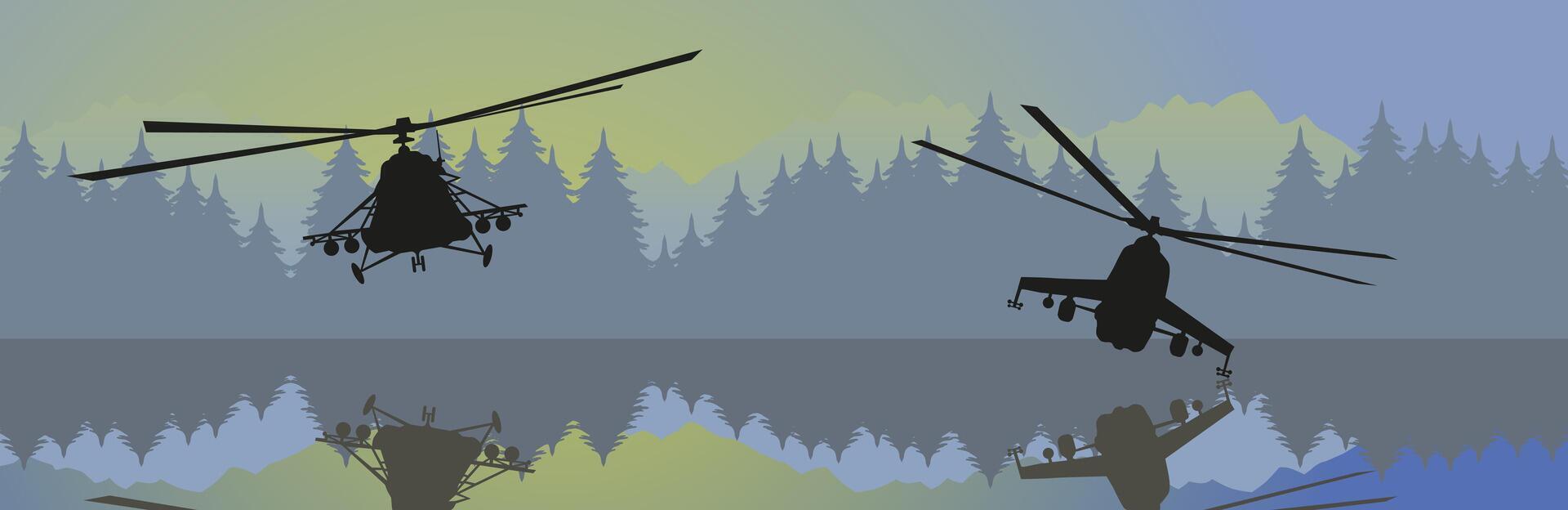 PrintAgainst the background of nature, silhouettes of flying military equipment. Helicopters fly over the river. vector