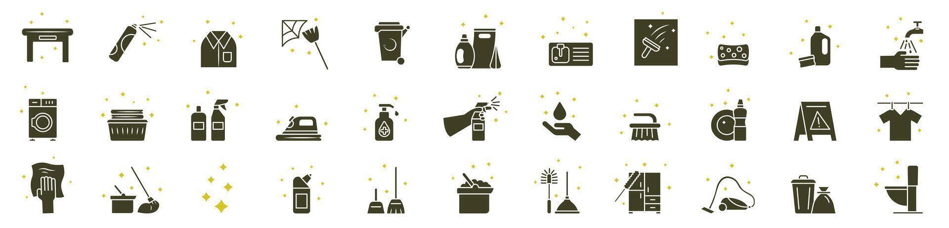A set of dark linear icons on the theme of cleaning with yellow cleanliness effects. Cleaning company symbol icons. vector